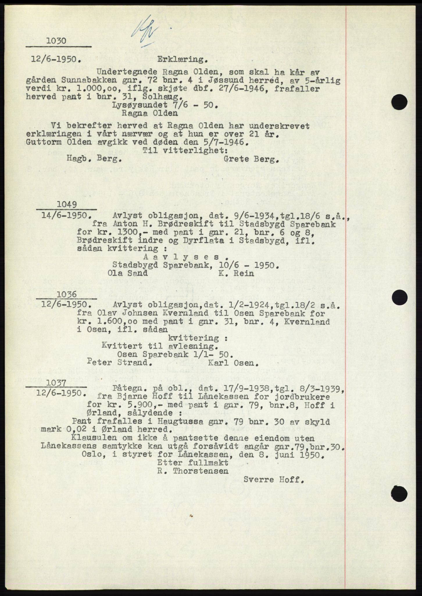 Fosen sorenskriveri, AV/SAT-A-1107/1/2/2C: Pantebok nr. B3, 1948-1950, Dagboknr: 1030/1950