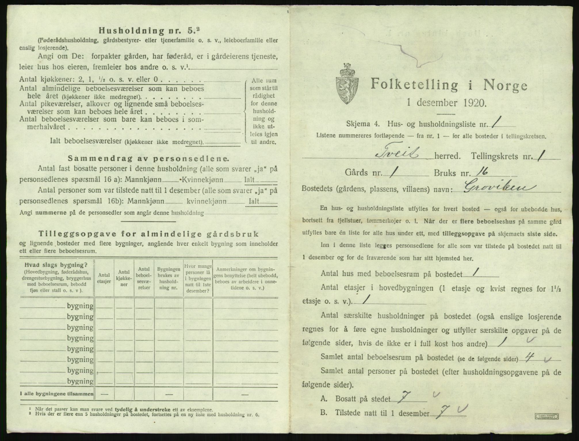 SAK, Folketelling 1920 for 1013 Tveit herred, 1920, s. 44