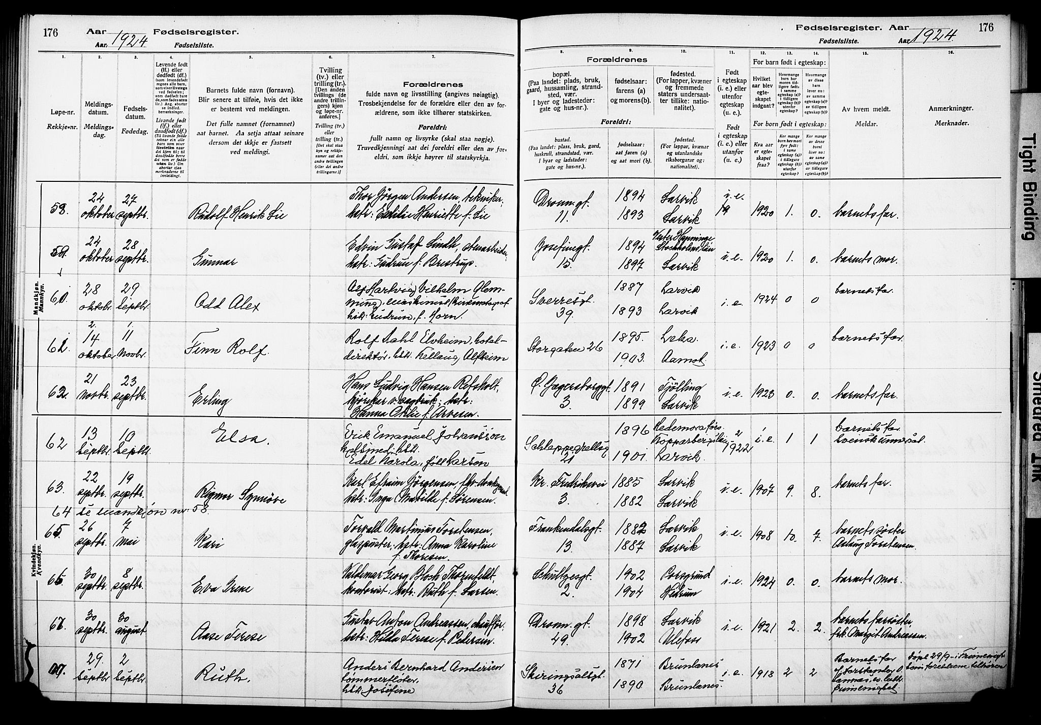 Larvik kirkebøker, AV/SAKO-A-352/J/Ja/L0001: Fødselsregister nr. I 1, 1916-1926, s. 176