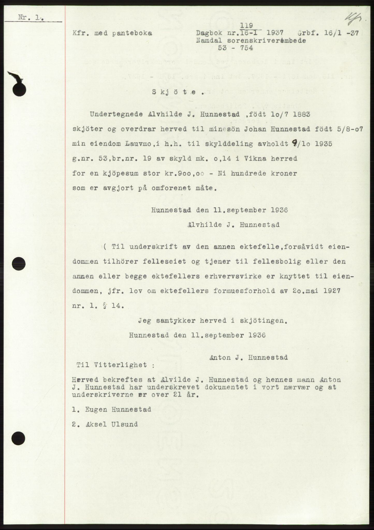 Namdal sorenskriveri, SAT/A-4133/1/2/2C: Pantebok nr. -, 1937-1939, Tingl.dato: 16.01.1937