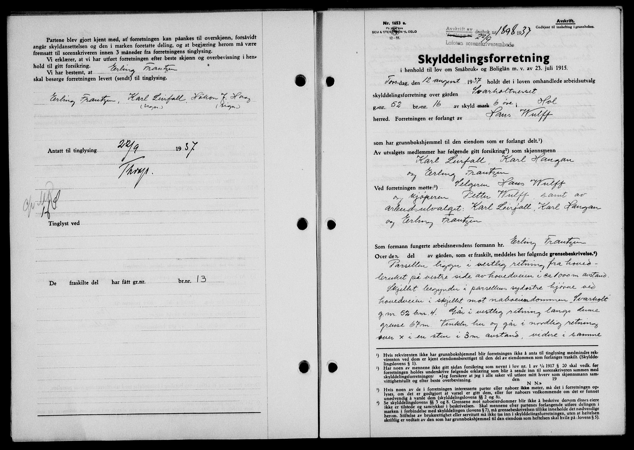 Lofoten sorenskriveri, SAT/A-0017/1/2/2C/L0002a: Pantebok nr. 2a, 1937-1937, Dagboknr: 1898/1937