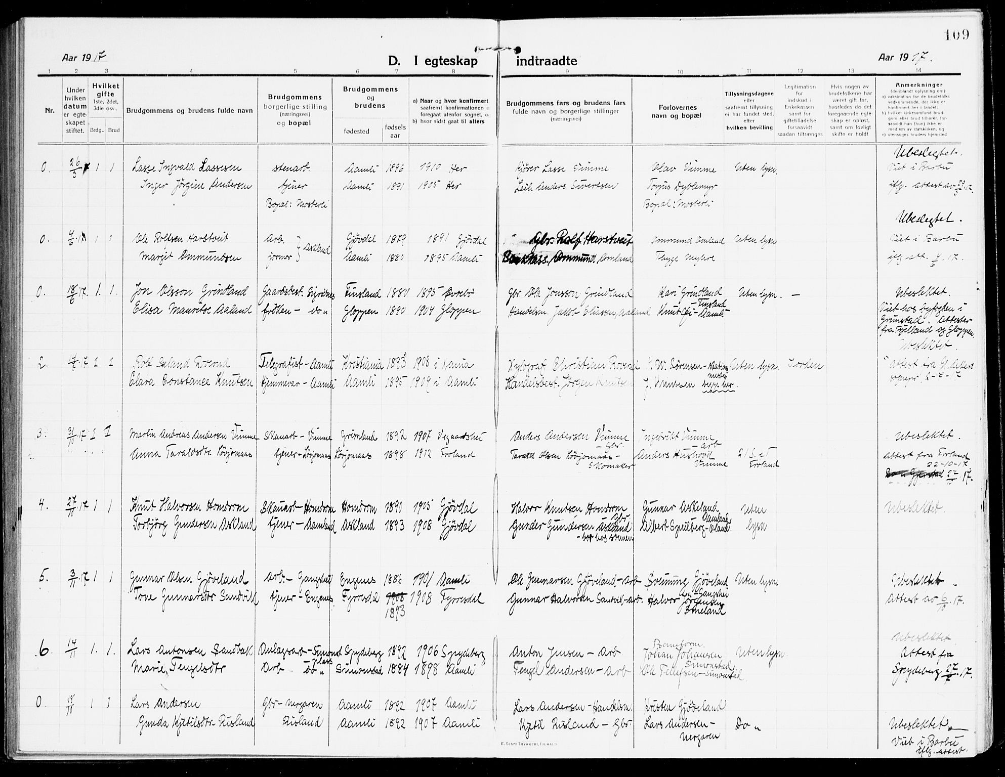 Åmli sokneprestkontor, AV/SAK-1111-0050/F/Fa/Fac/L0013: Ministerialbok nr. A 13, 1914-1933, s. 109