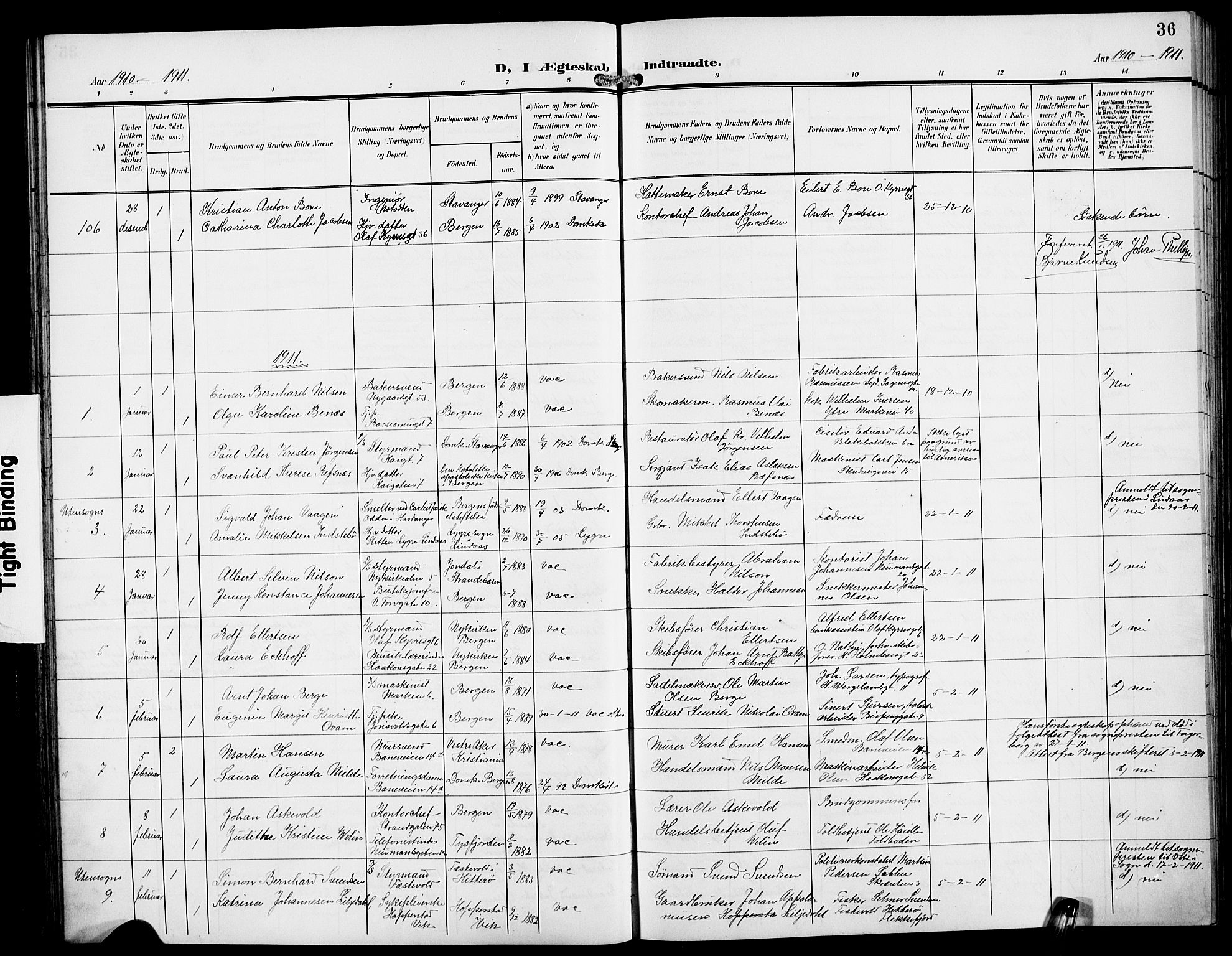 Domkirken sokneprestembete, AV/SAB-A-74801/H/Hab/L0033: Klokkerbok nr. D 5, 1907-1924, s. 36