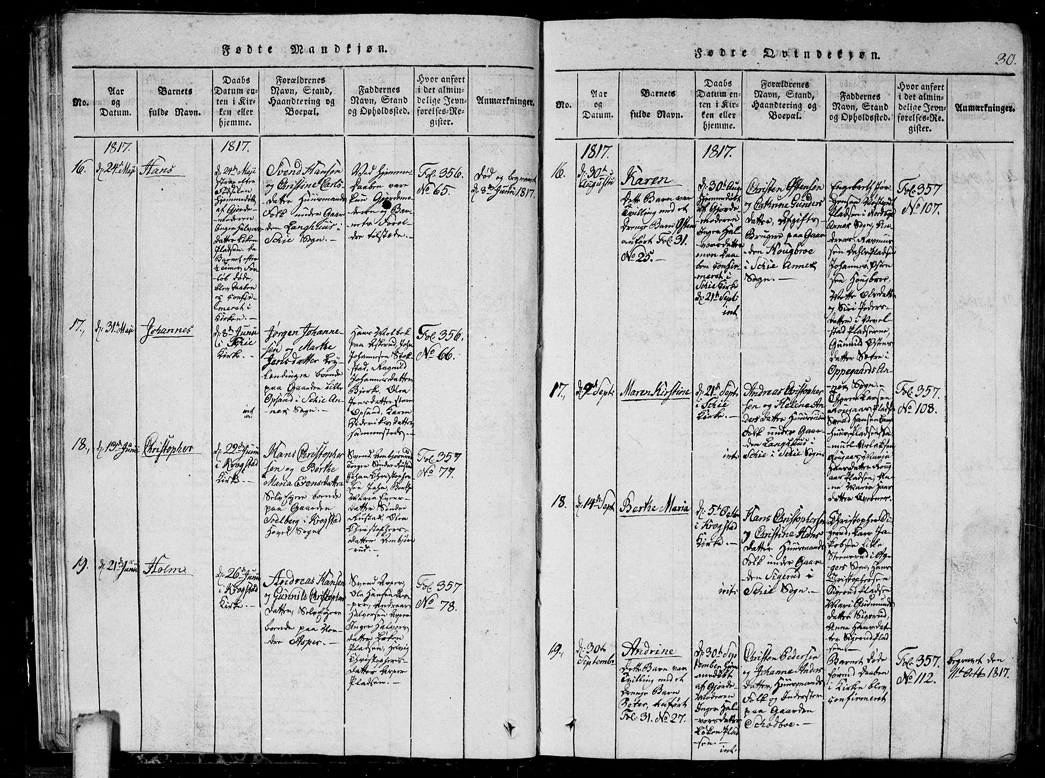 Kråkstad prestekontor Kirkebøker, AV/SAO-A-10125a/G/Ga/L0001: Klokkerbok nr. I 1, 1813-1824, s. 30