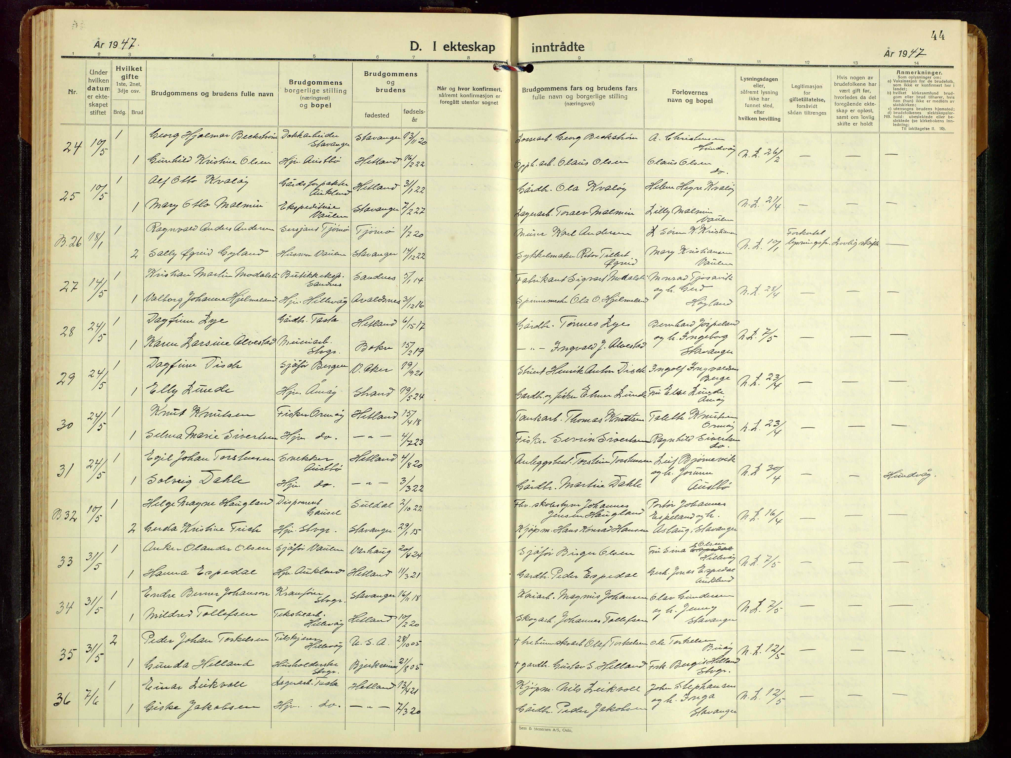 Hetland sokneprestkontor, AV/SAST-A-101826/30/30BB/L0016: Klokkerbok nr. B 16, 1942-1960, s. 44