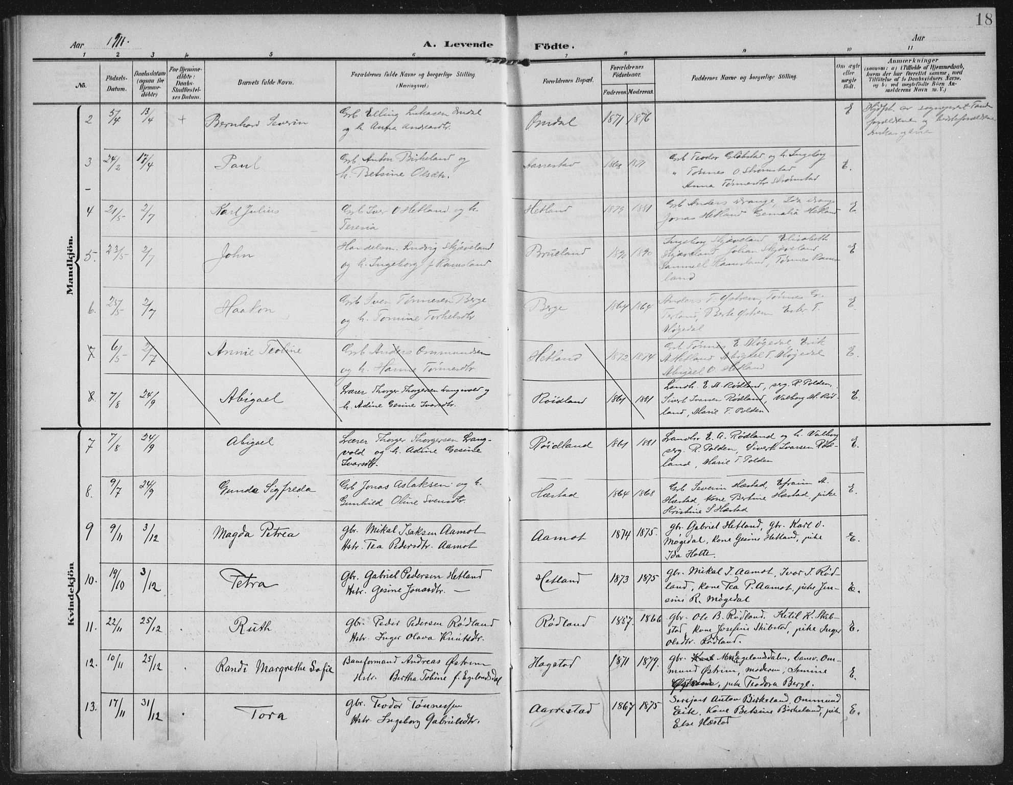 Helleland sokneprestkontor, AV/SAST-A-101810: Ministerialbok nr. A 12, 1906-1923, s. 18