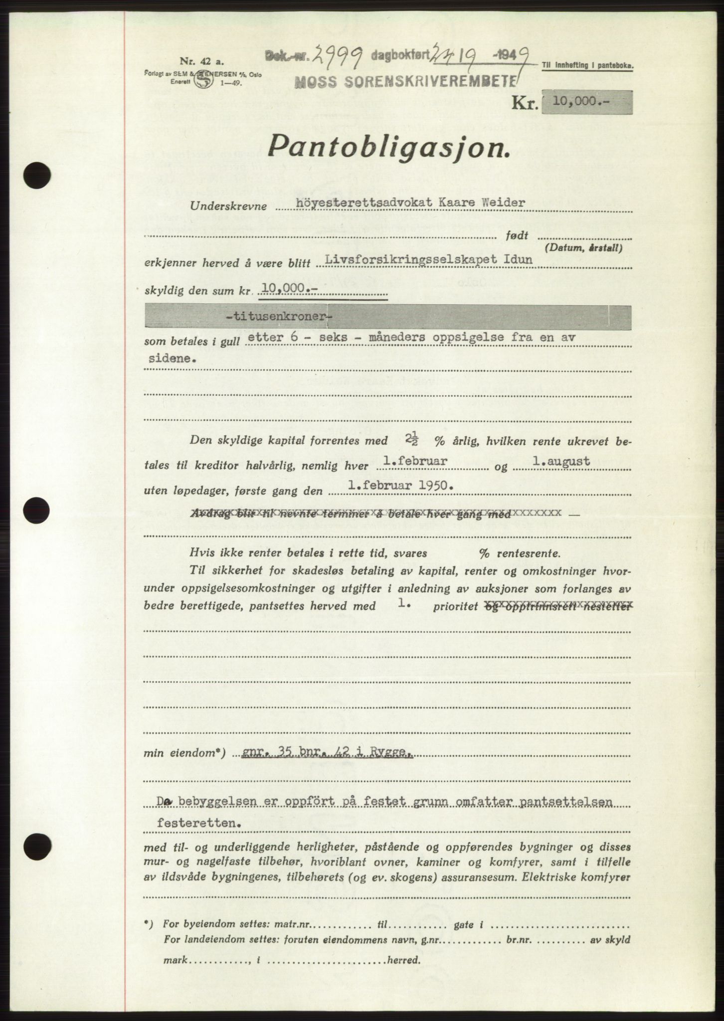Moss sorenskriveri, SAO/A-10168: Pantebok nr. B22, 1949-1949, Dagboknr: 2999/1949