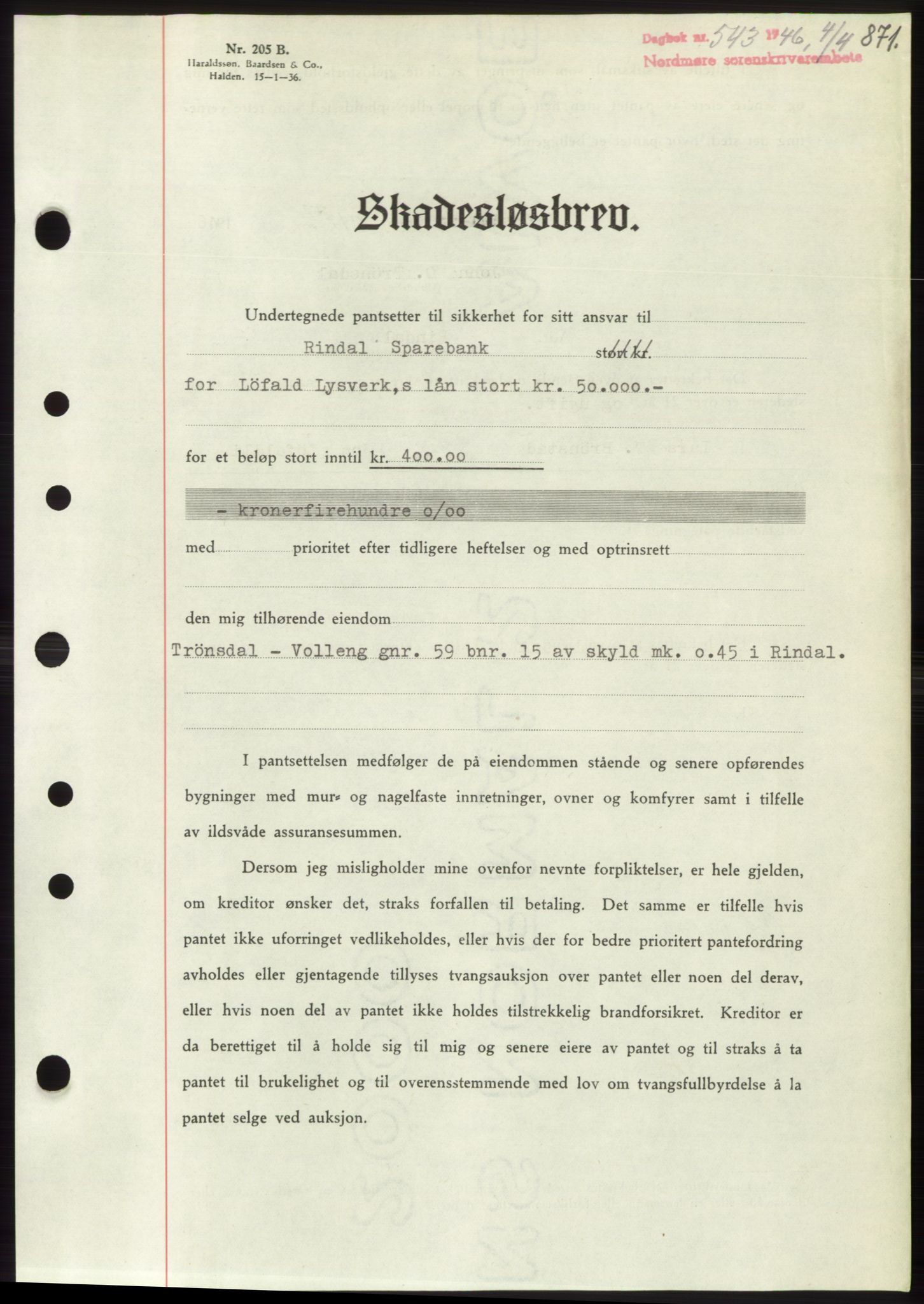 Nordmøre sorenskriveri, SAT/A-4132/1/2/2Ca: Pantebok nr. B93b, 1946-1946, Dagboknr: 543/1946