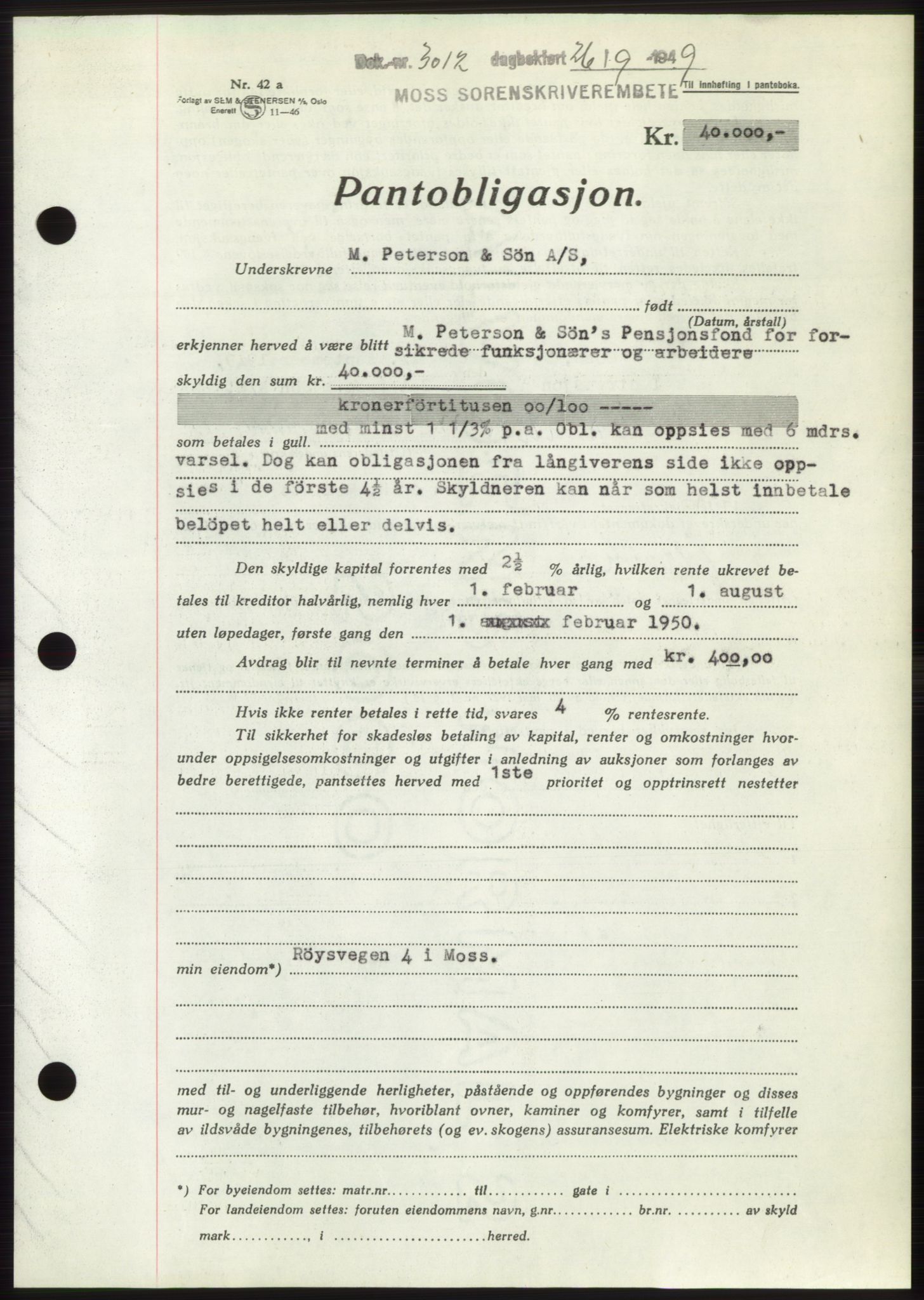 Moss sorenskriveri, SAO/A-10168: Pantebok nr. B22, 1949-1949, Dagboknr: 3012/1949