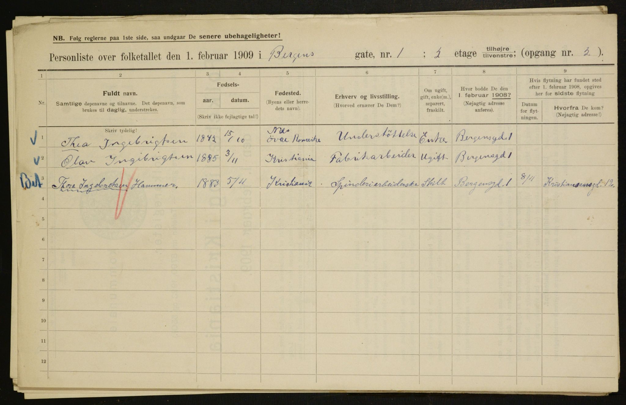 OBA, Kommunal folketelling 1.2.1909 for Kristiania kjøpstad, 1909, s. 3436