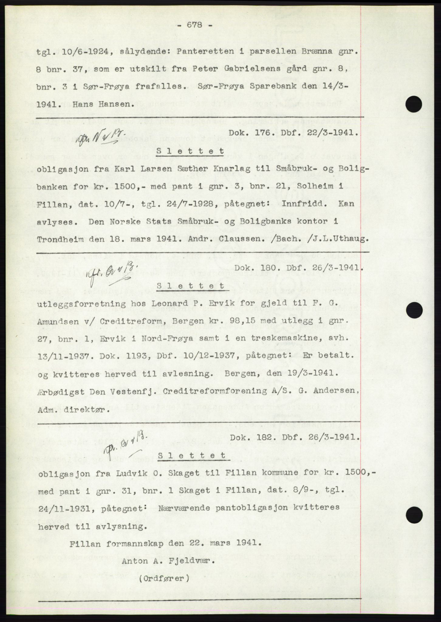 Hitra sorenskriveri, AV/SAT-A-0018/2/2C/2Ca: Pantebok nr. C1, 1936-1945, Dagboknr: 176/1941