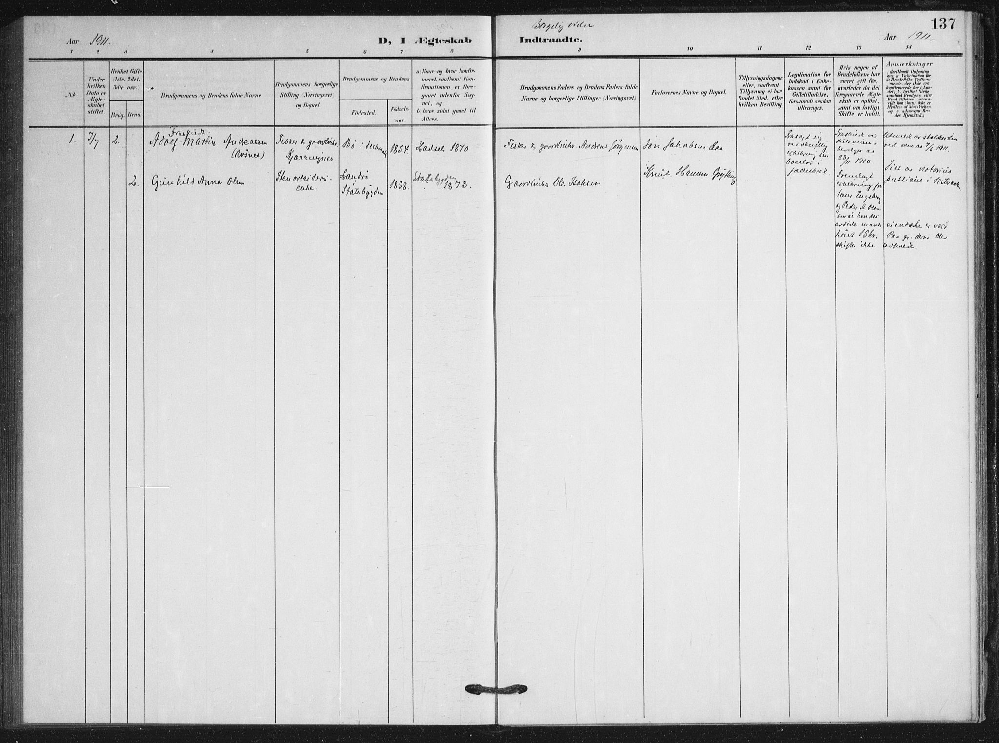 Ministerialprotokoller, klokkerbøker og fødselsregistre - Nordland, AV/SAT-A-1459/895/L1373: Ministerialbok nr. 895A08, 1905-1915, s. 137