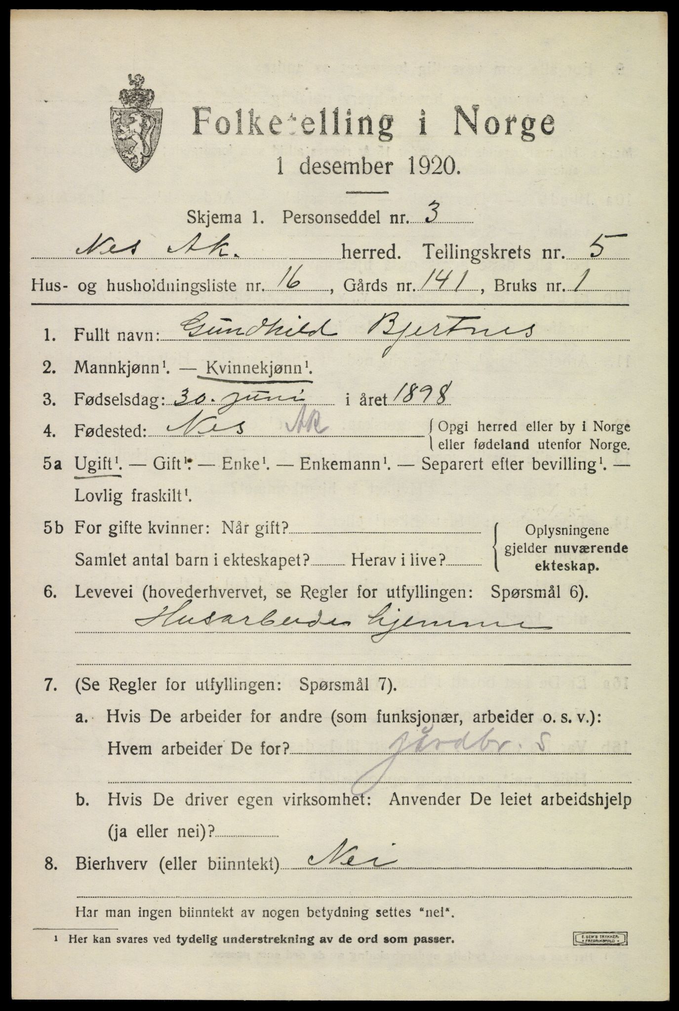 SAO, Folketelling 1920 for 0236 Nes herred, 1920, s. 6614