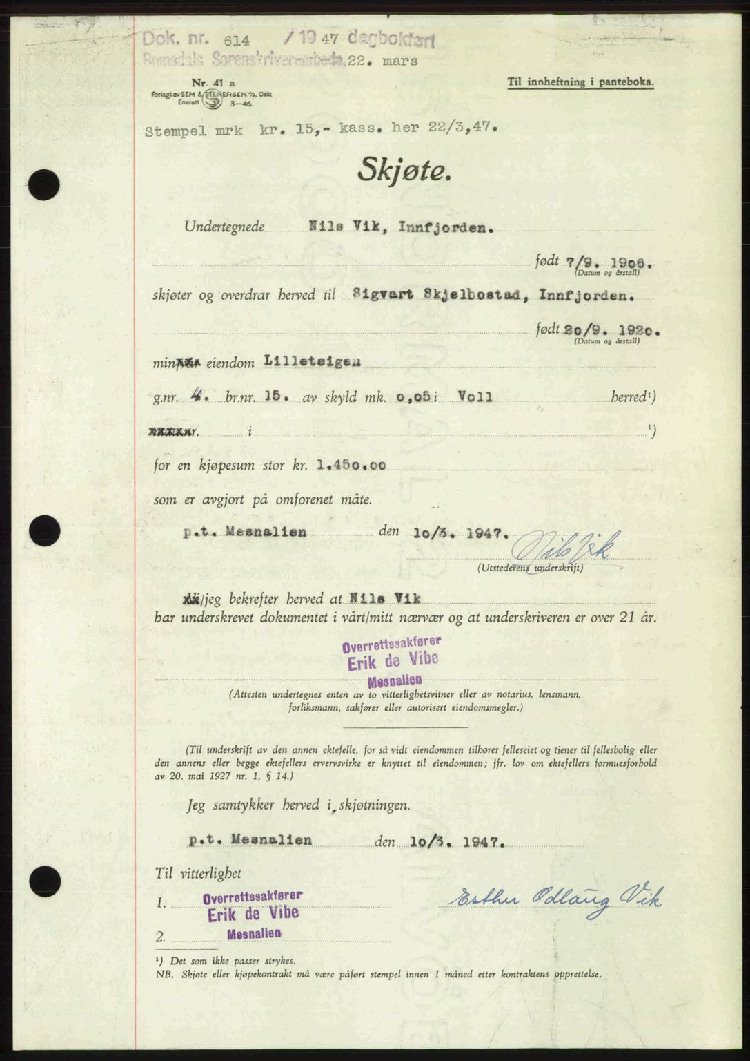 Romsdal sorenskriveri, SAT/A-4149/1/2/2C: Pantebok nr. A22, 1947-1947, Dagboknr: 614/1947