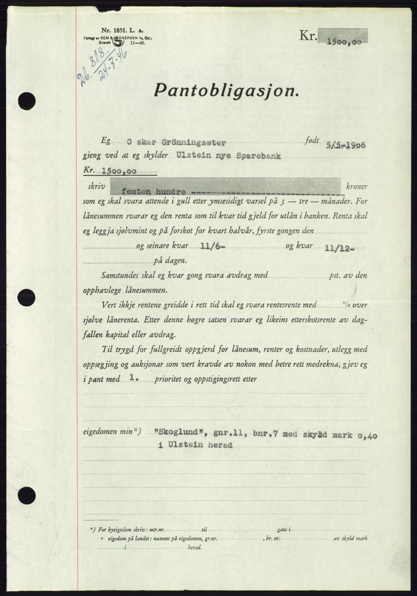 Søre Sunnmøre sorenskriveri, AV/SAT-A-4122/1/2/2C/L0114: Pantebok nr. 1-2B, 1943-1947, Dagboknr: 818/1946