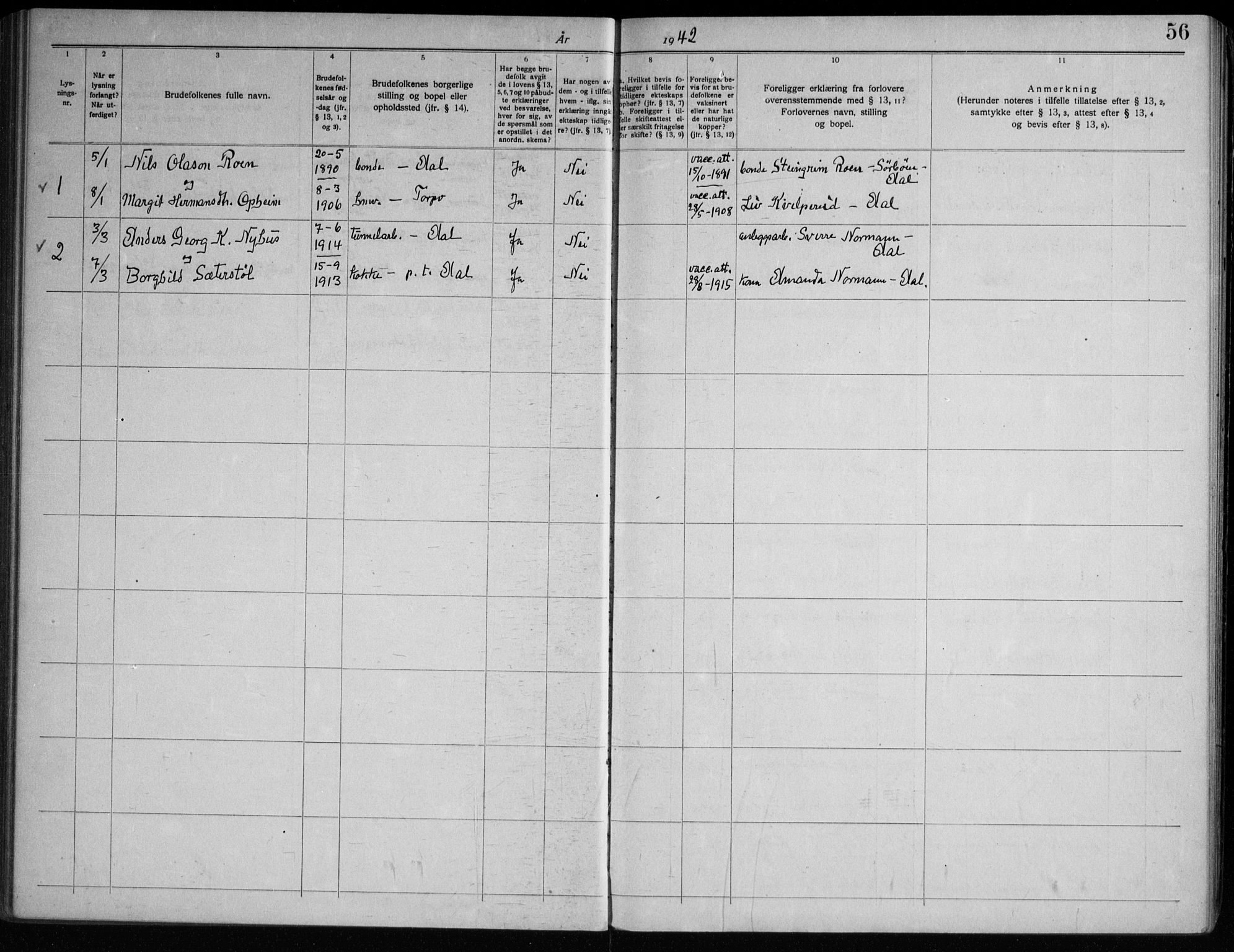 Ål kirkebøker, AV/SAKO-A-249/H/Ha/L0001: Lysningsprotokoll nr. 1, 1920-1956, s. 56