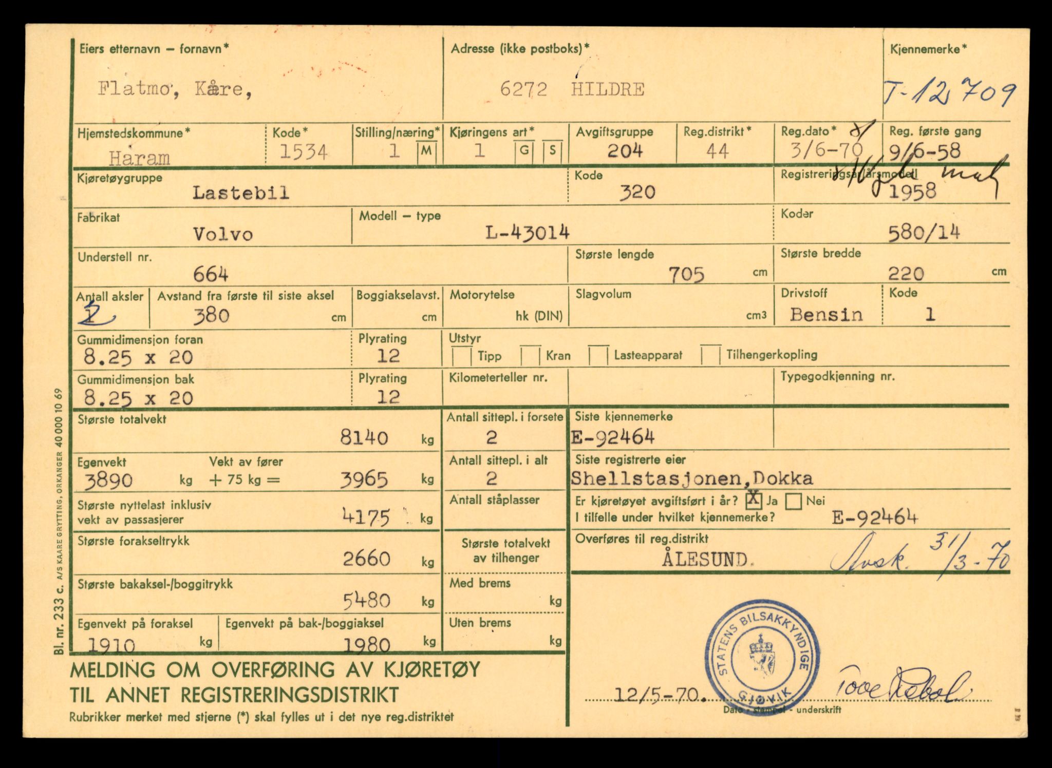 Møre og Romsdal vegkontor - Ålesund trafikkstasjon, AV/SAT-A-4099/F/Fe/L0035: Registreringskort for kjøretøy T 12653 - T 12829, 1927-1998, s. 1062