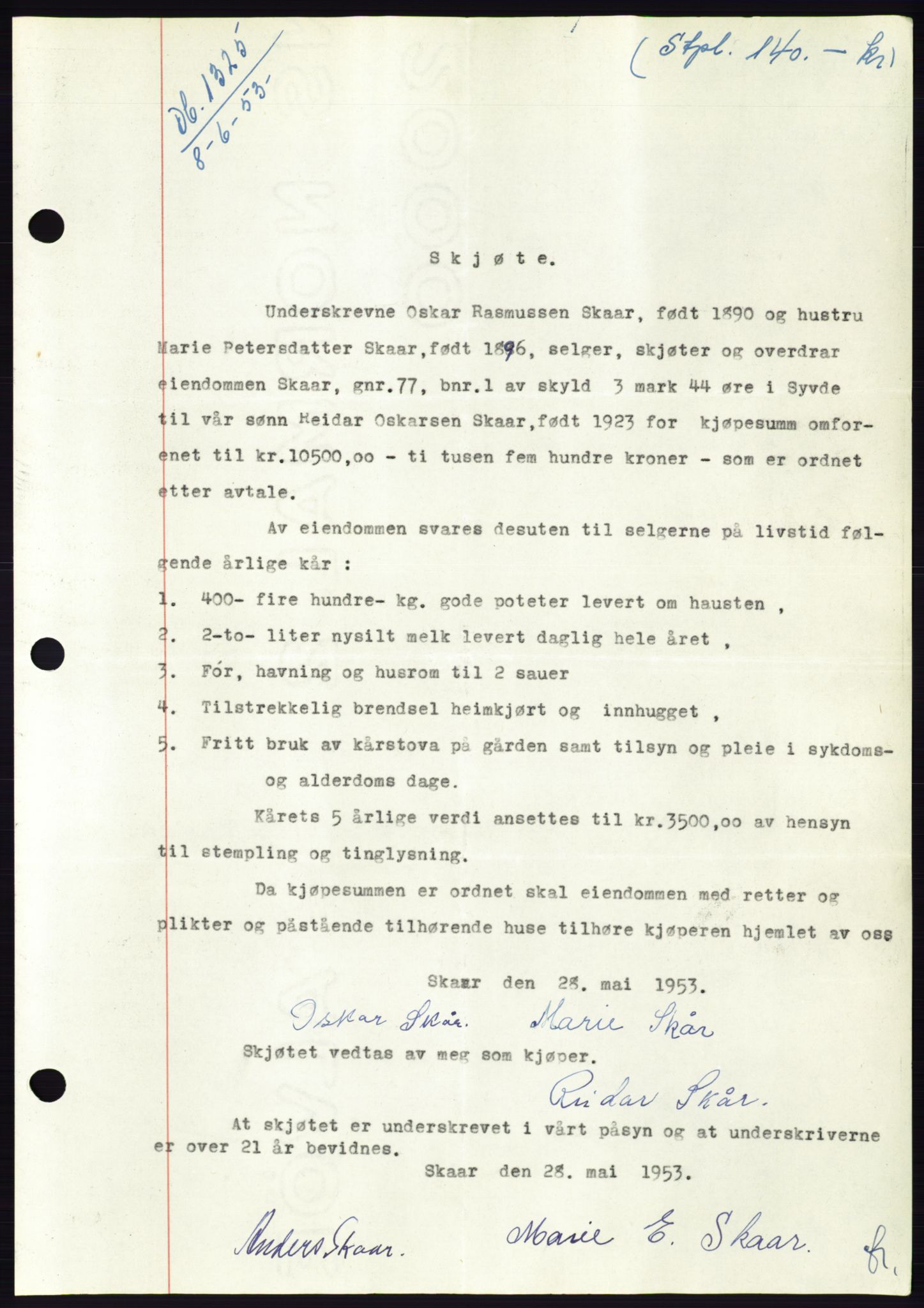 Søre Sunnmøre sorenskriveri, AV/SAT-A-4122/1/2/2C/L0095: Pantebok nr. 21A, 1953-1953, Dagboknr: 1325/1953