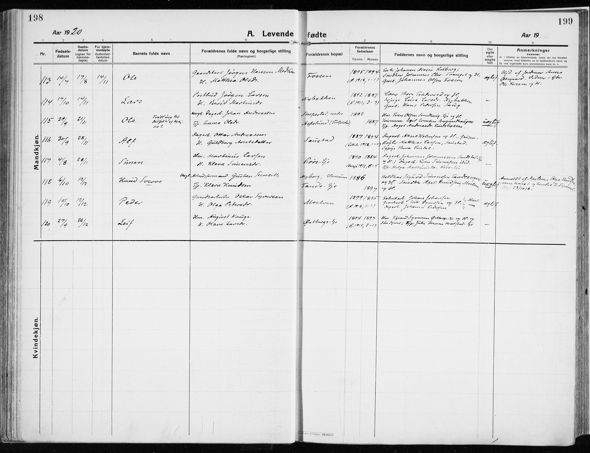 Ringsaker prestekontor, SAH/PREST-014/K/Ka/L0020: Ministerialbok nr. 20, 1913-1922, s. 198-199