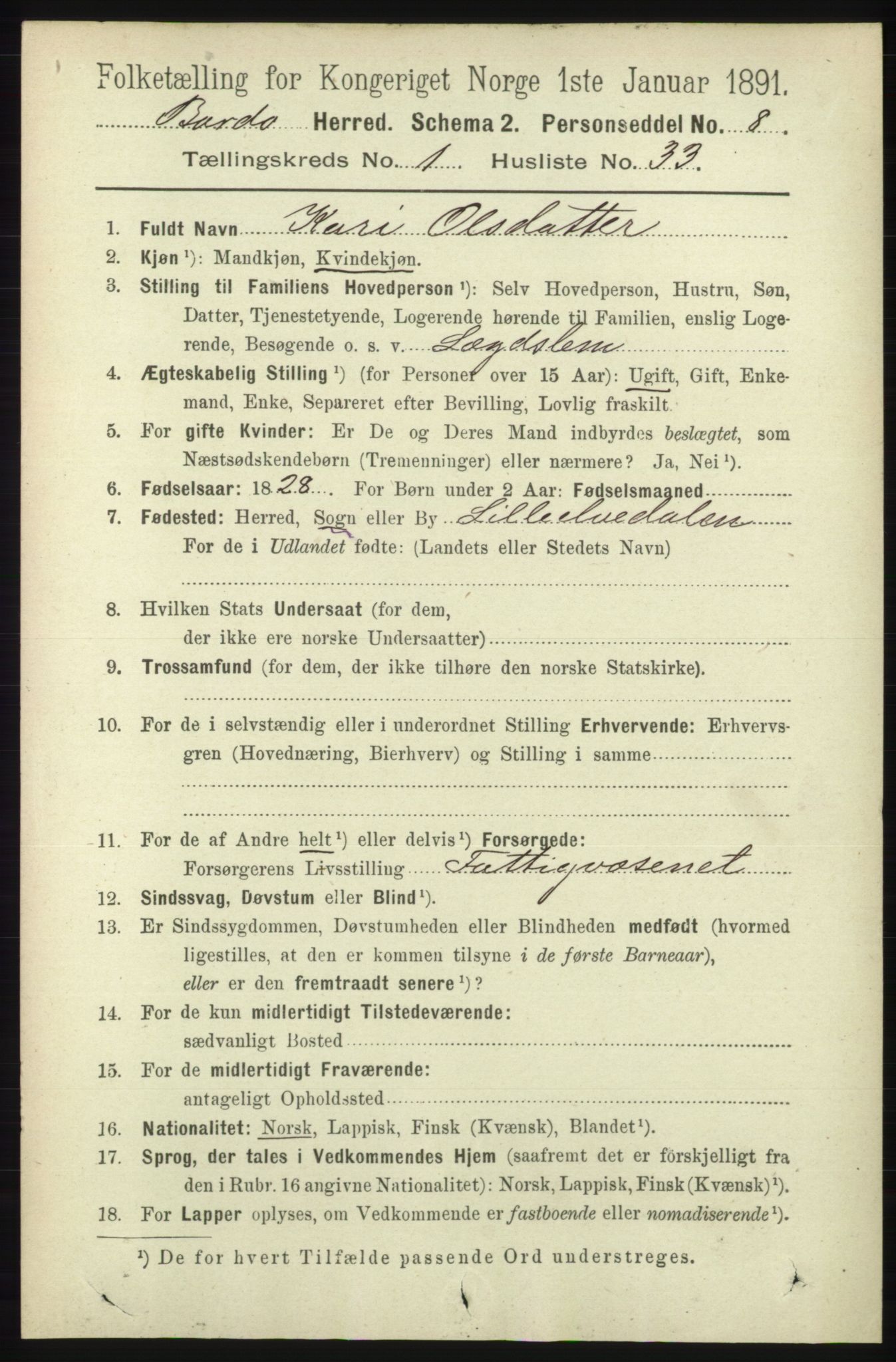 RA, Folketelling 1891 for 1922 Bardu herred, 1891, s. 316