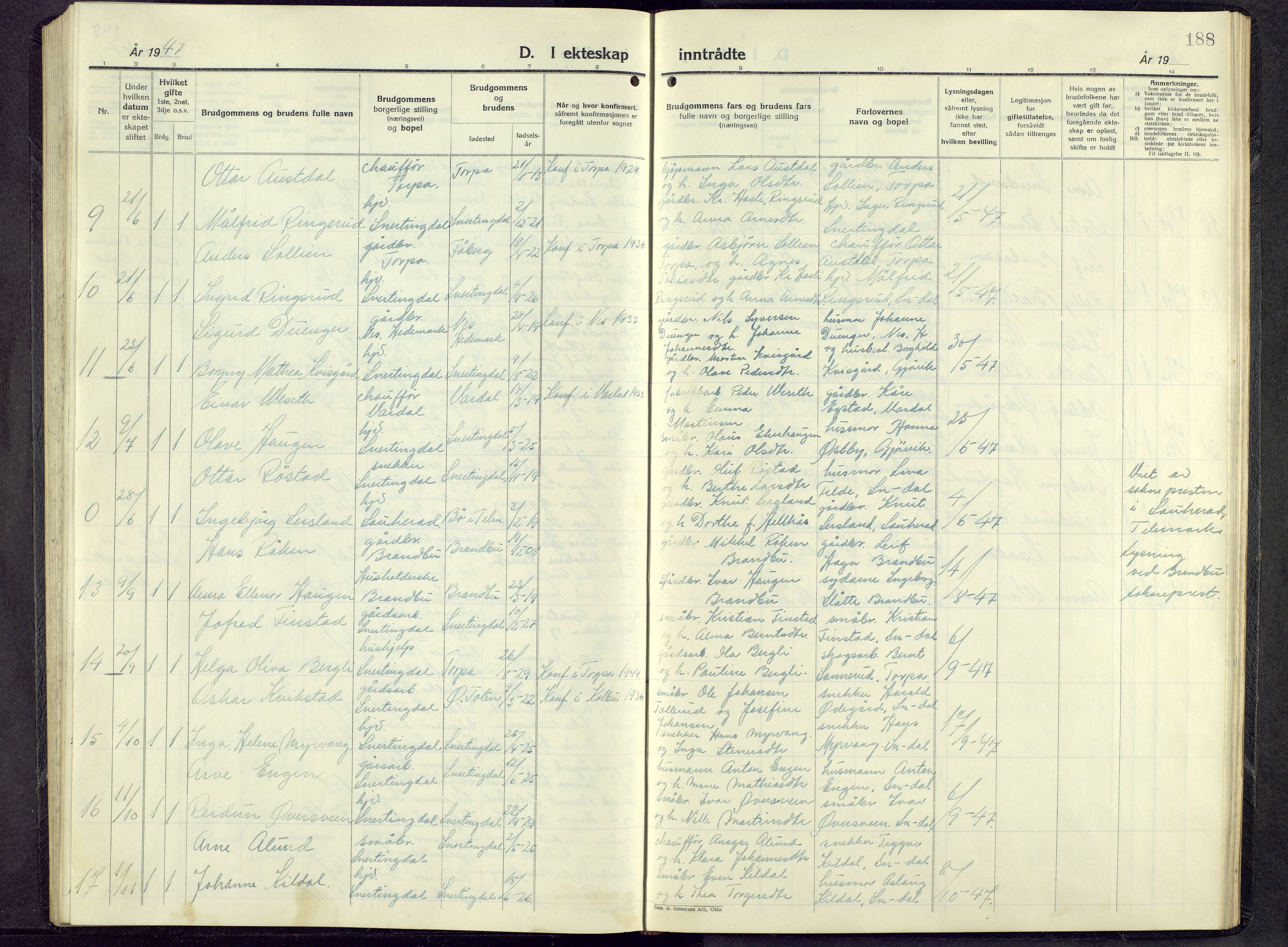 Biri prestekontor, AV/SAH-PREST-096/H/Ha/Hab/L0009: Klokkerbok nr. 9, 1942-1955, s. 188