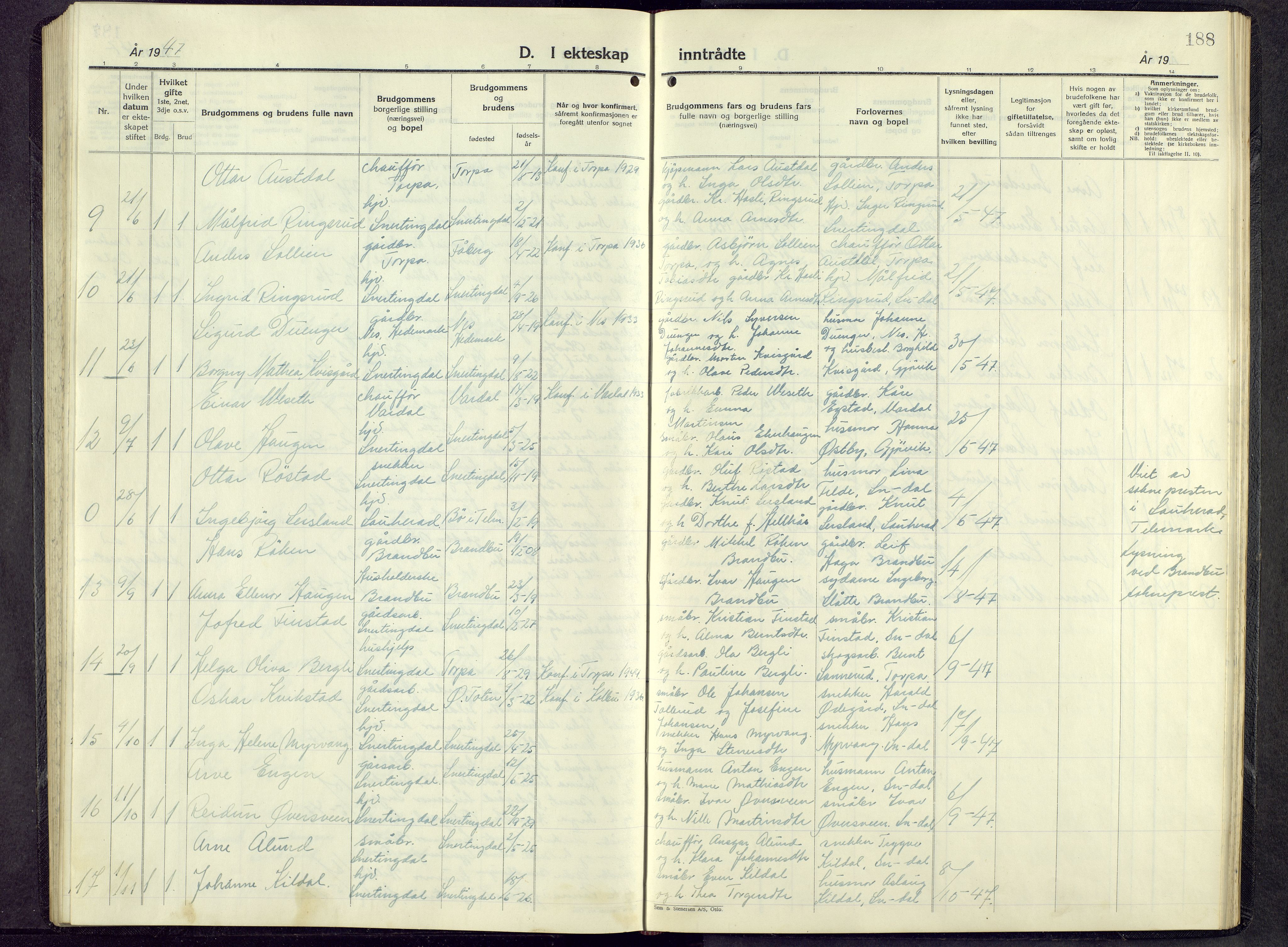 Biri prestekontor, SAH/PREST-096/H/Ha/Hab/L0009: Klokkerbok nr. 9, 1942-1955, s. 188