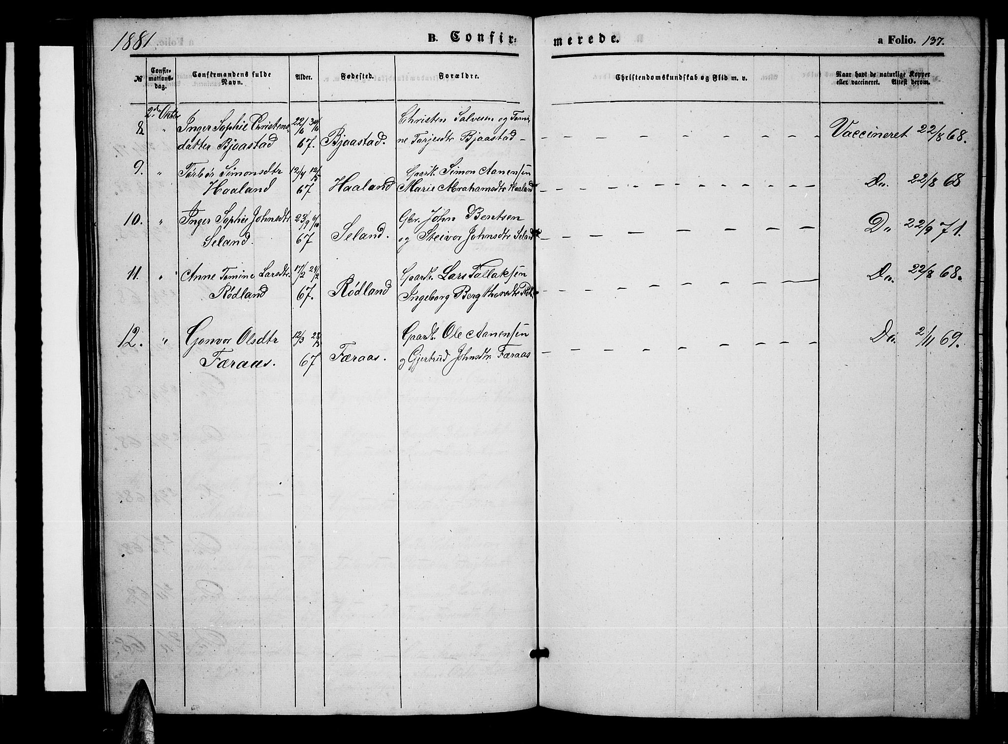 Nord-Audnedal sokneprestkontor, AV/SAK-1111-0032/F/Fb/Fbb/L0002: Klokkerbok nr. B 2, 1859-1882, s. 137
