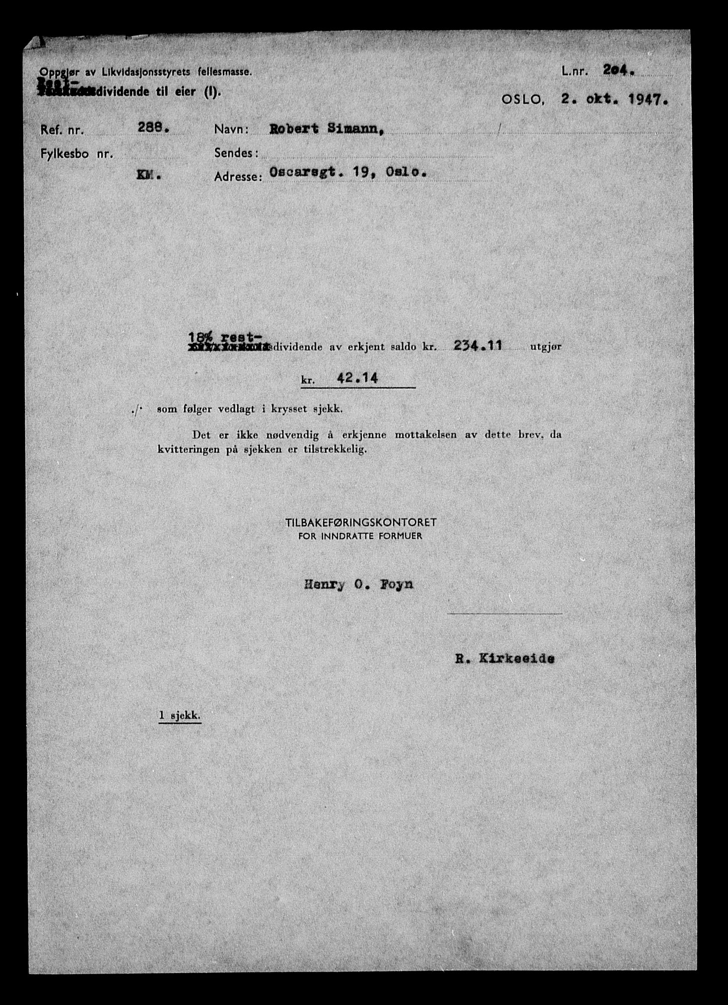 Justisdepartementet, Tilbakeføringskontoret for inndratte formuer, AV/RA-S-1564/H/Hc/Hcd/L1007: --, 1945-1947, s. 188