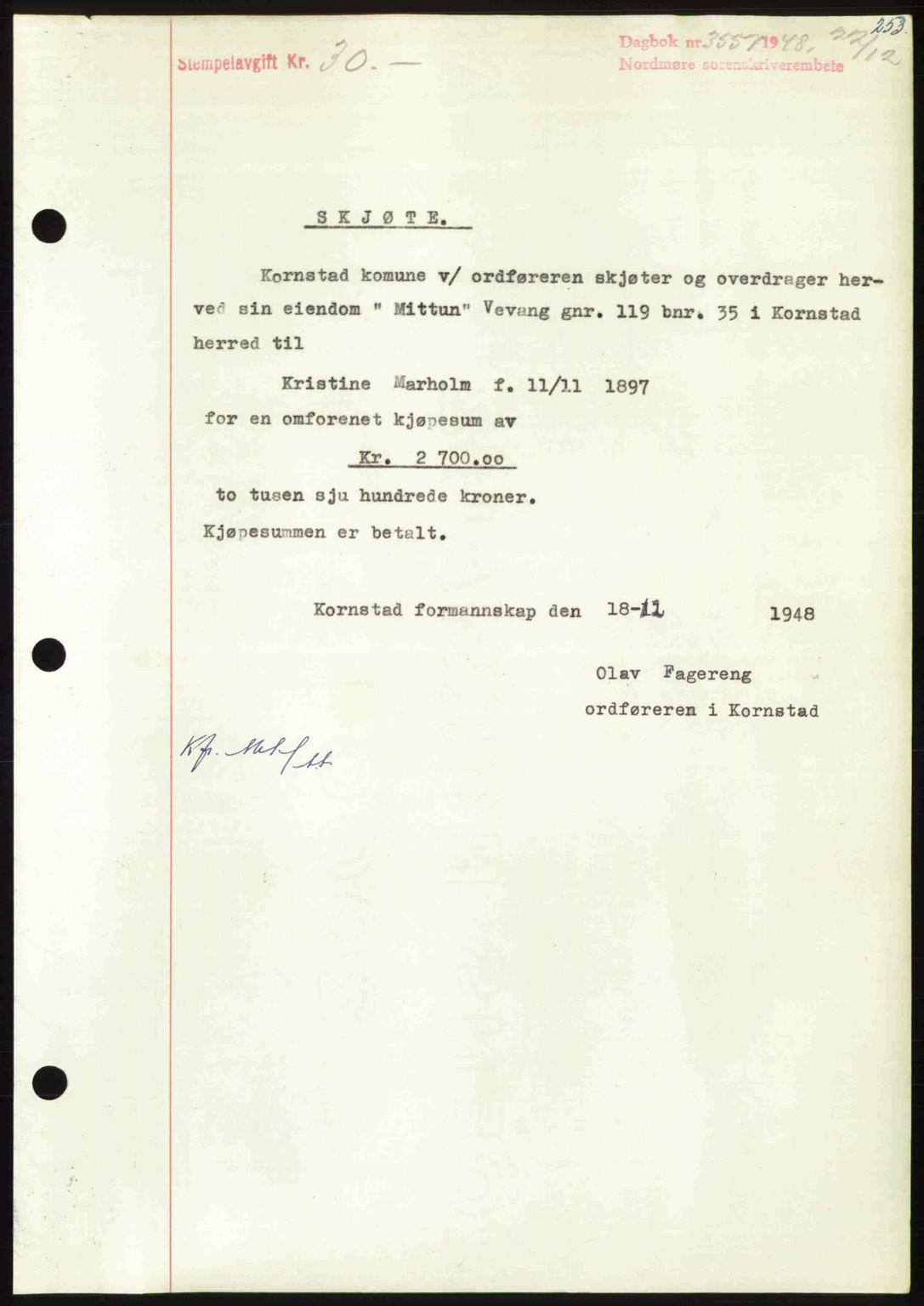 Nordmøre sorenskriveri, SAT/A-4132/1/2/2Ca: Pantebok nr. A110, 1948-1949, Dagboknr: 3557/1948
