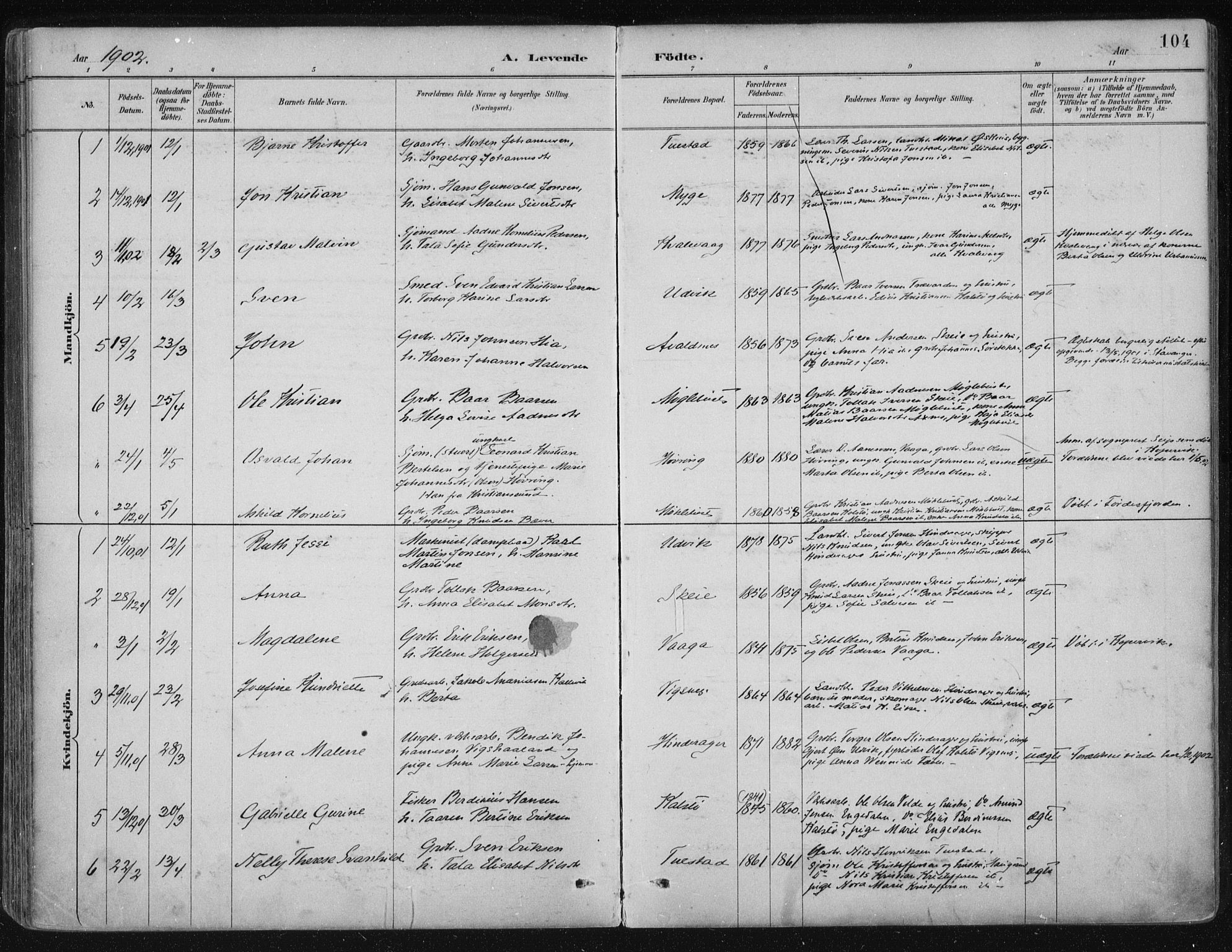 Avaldsnes sokneprestkontor, AV/SAST-A -101851/H/Ha/Haa/L0017: Ministerialbok nr. A 17, 1889-1920, s. 104