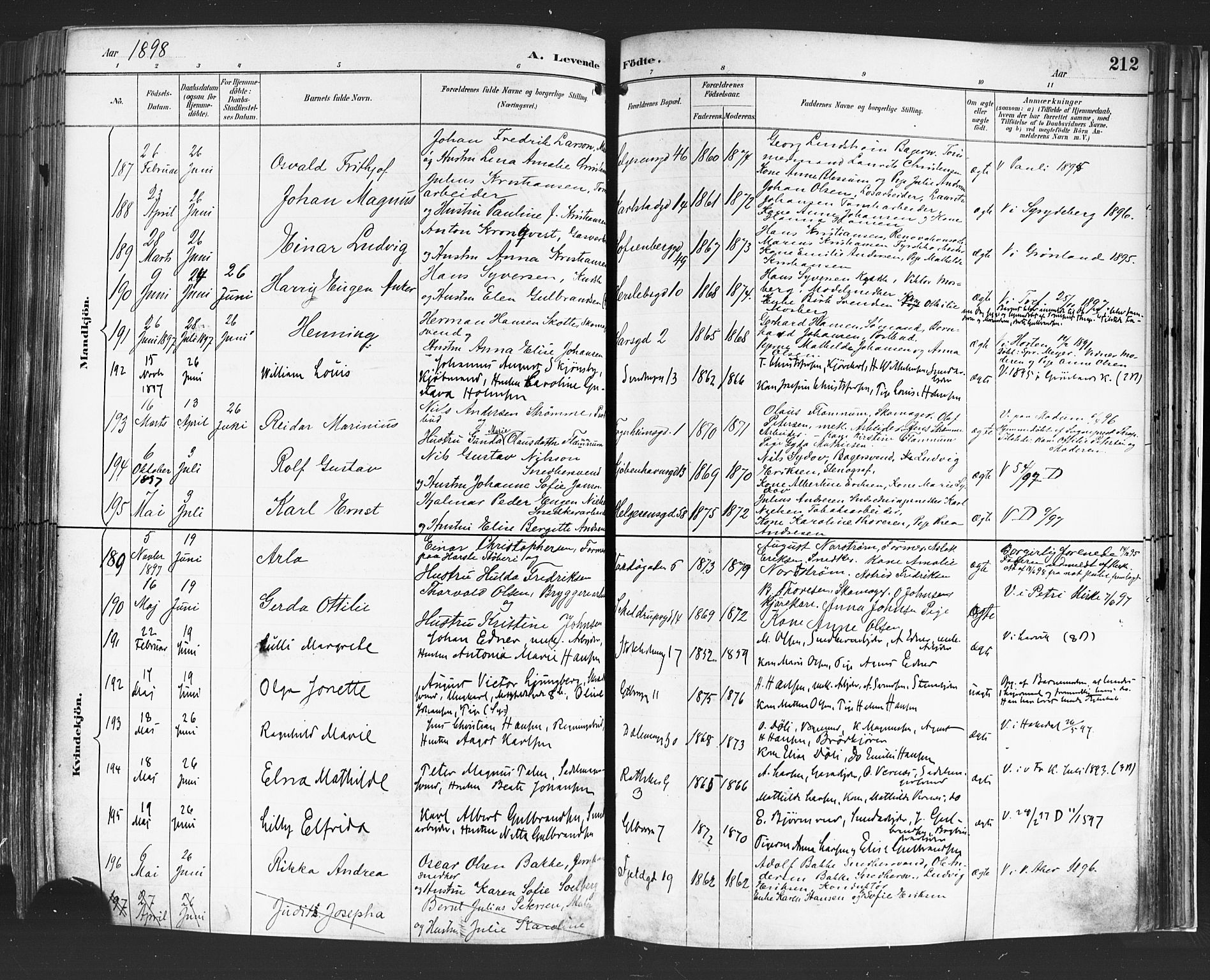 Petrus prestekontor Kirkebøker, AV/SAO-A-10872/F/Fa/L0004: Ministerialbok nr. I 4, 1888-1898, s. 212