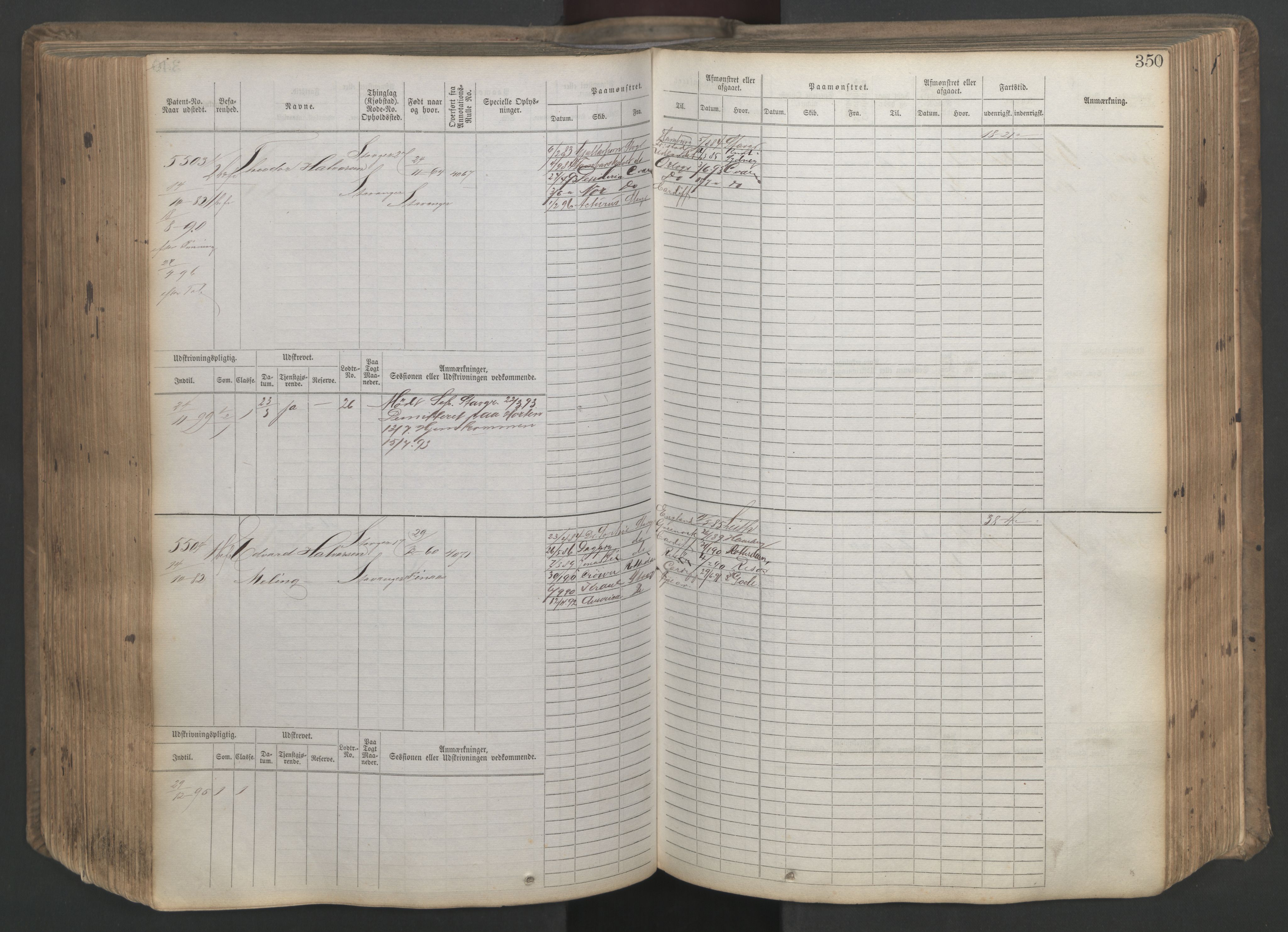 Stavanger sjømannskontor, SAST/A-102006/F/Fb/Fbb/L0020: Sjøfartshovedrulle patnentnr. 4803-6004 (dublett), 1879, s. 355