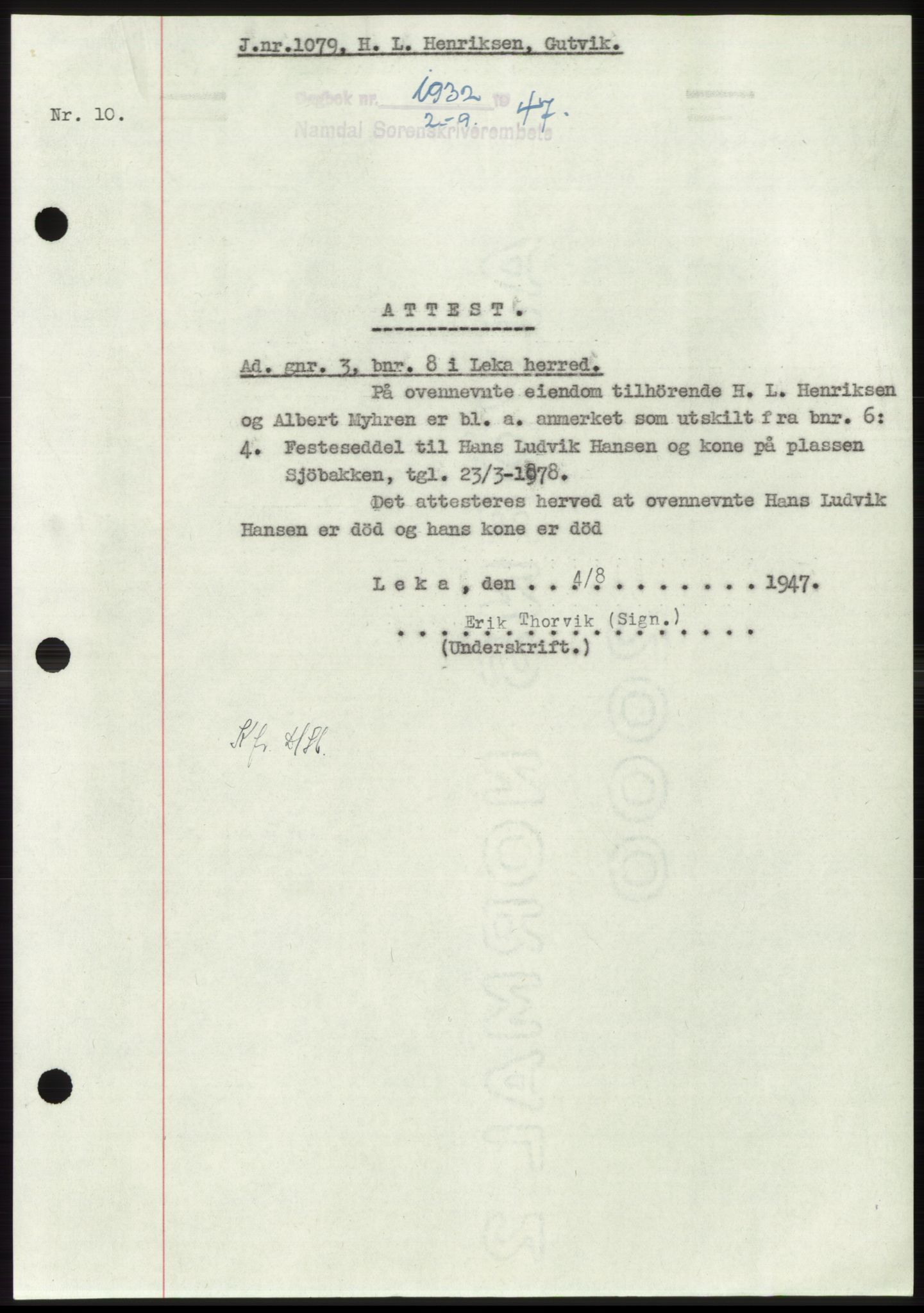Namdal sorenskriveri, SAT/A-4133/1/2/2C: Pantebok nr. -, 1947-1947, Dagboknr: 1932/1947