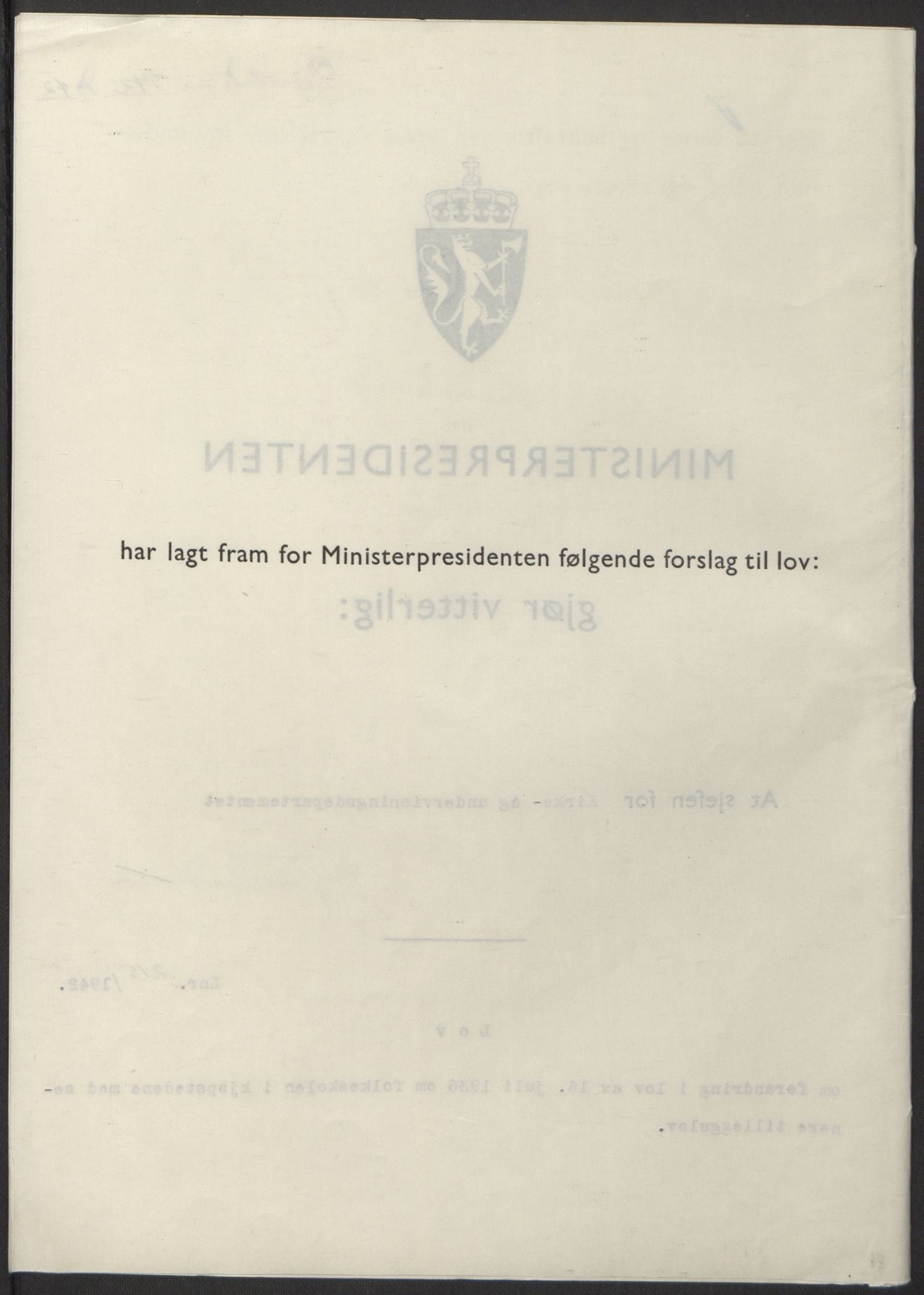 NS-administrasjonen 1940-1945 (Statsrådsekretariatet, de kommisariske statsråder mm), RA/S-4279/D/Db/L0098: Lover II, 1942, s. 494