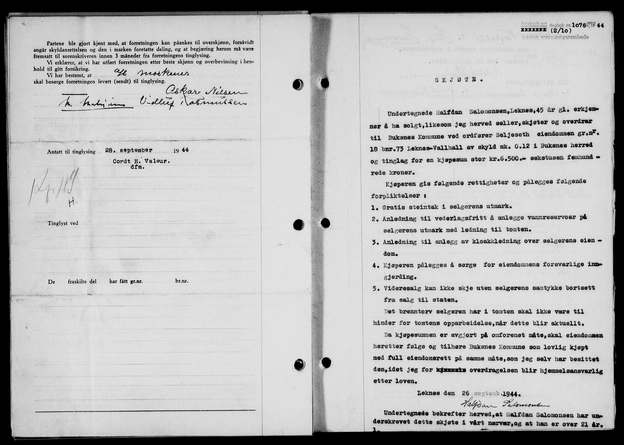 Lofoten sorenskriveri, SAT/A-0017/1/2/2C/L0012a: Pantebok nr. 12a, 1943-1944, Dagboknr: 1076/1944