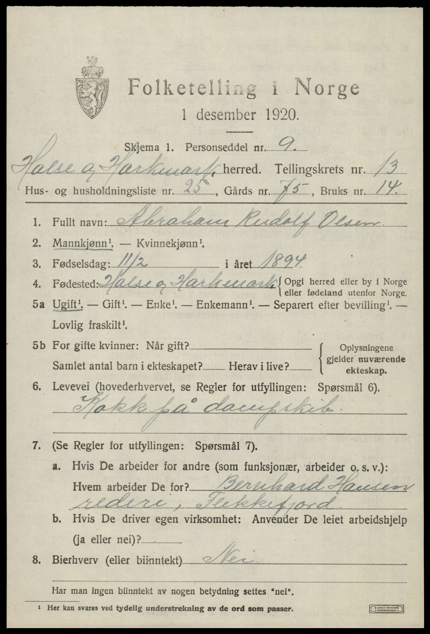 SAK, Folketelling 1920 for 1019 Halse og Harkmark herred, 1920, s. 7231
