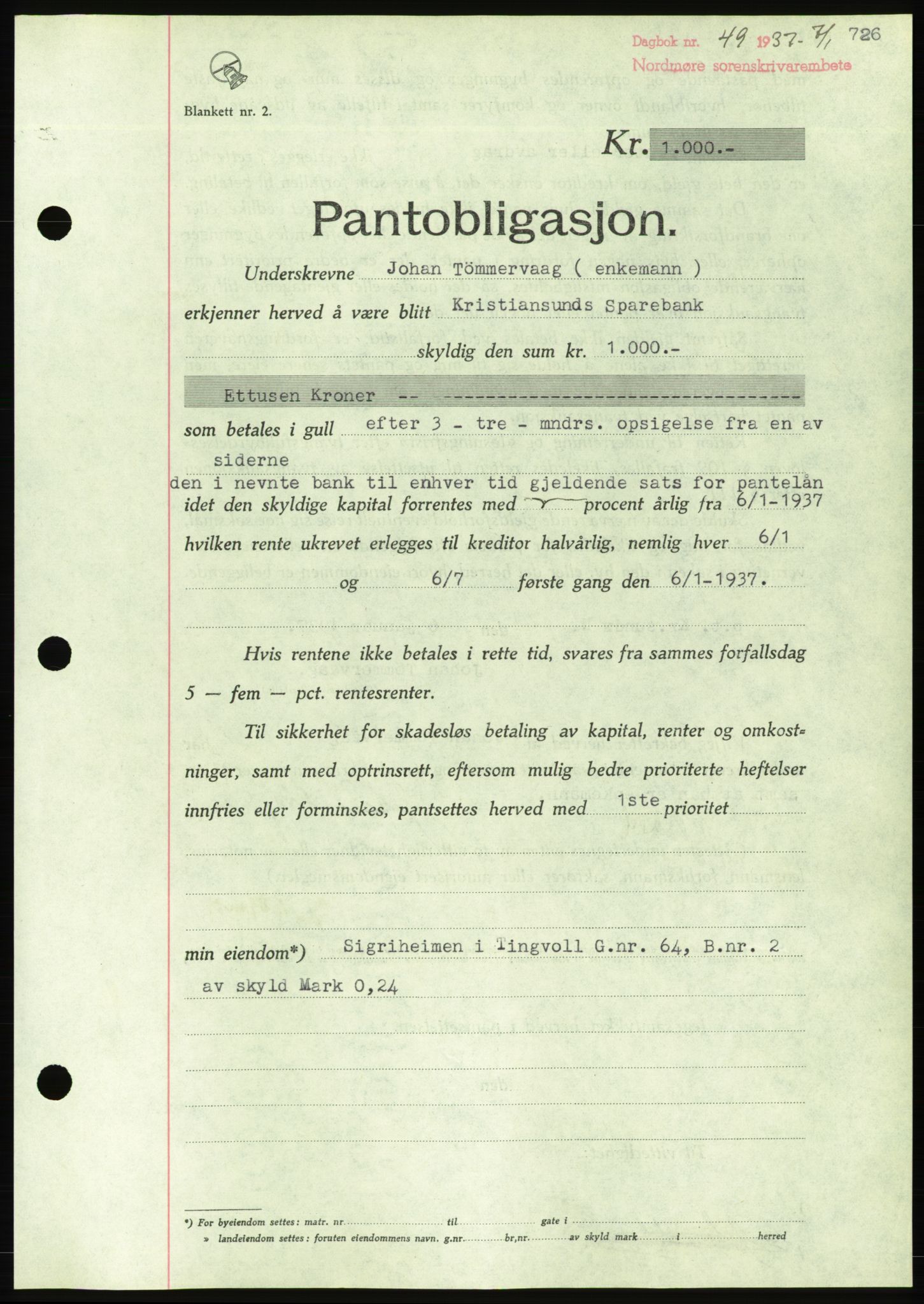 Nordmøre sorenskriveri, AV/SAT-A-4132/1/2/2Ca/L0090: Pantebok nr. B80, 1936-1937, Dagboknr: 49/1937