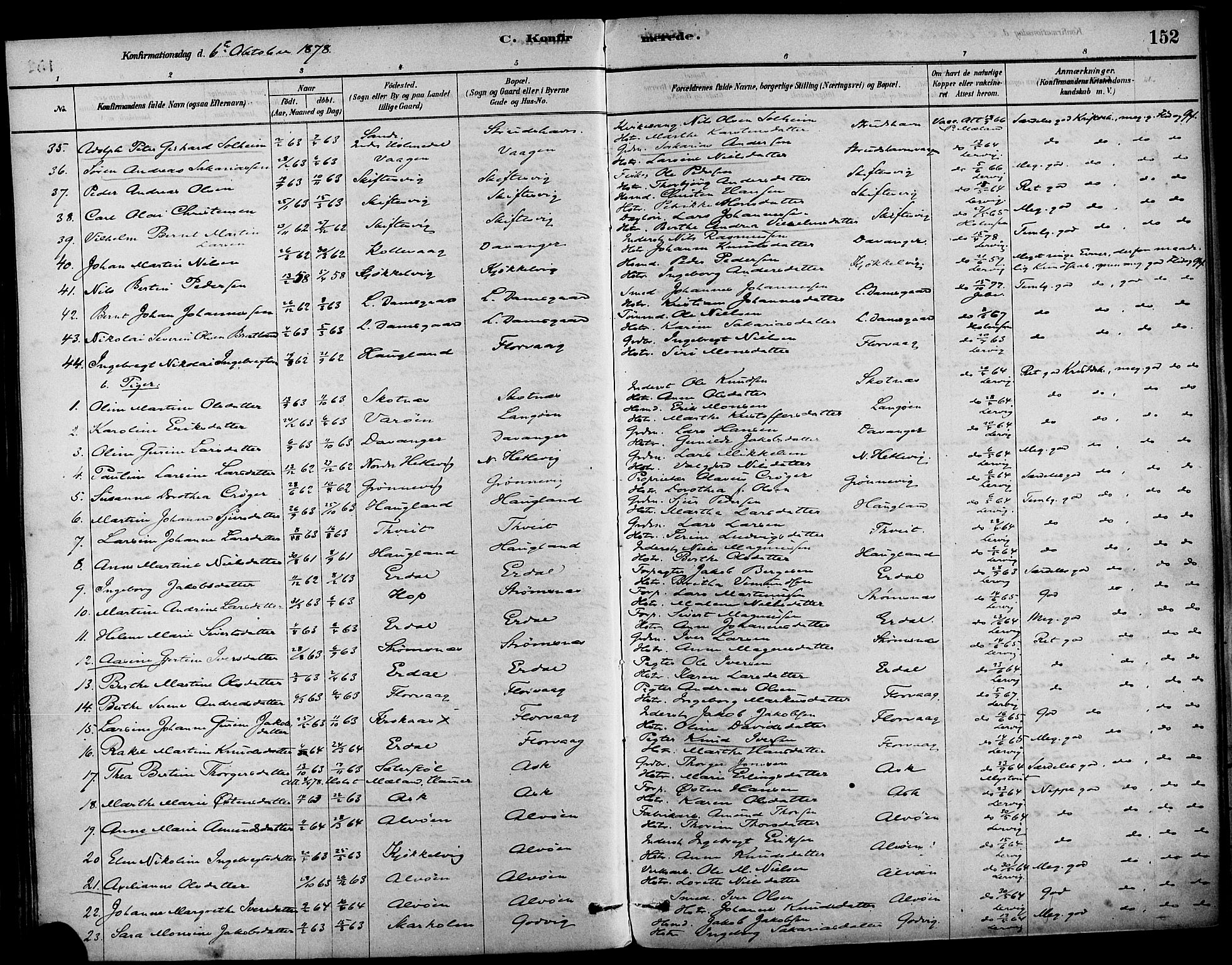Askøy Sokneprestembete, AV/SAB-A-74101/H/Ha/Haa/Haab/L0001: Ministerialbok nr. B 1, 1878-1889, s. 152