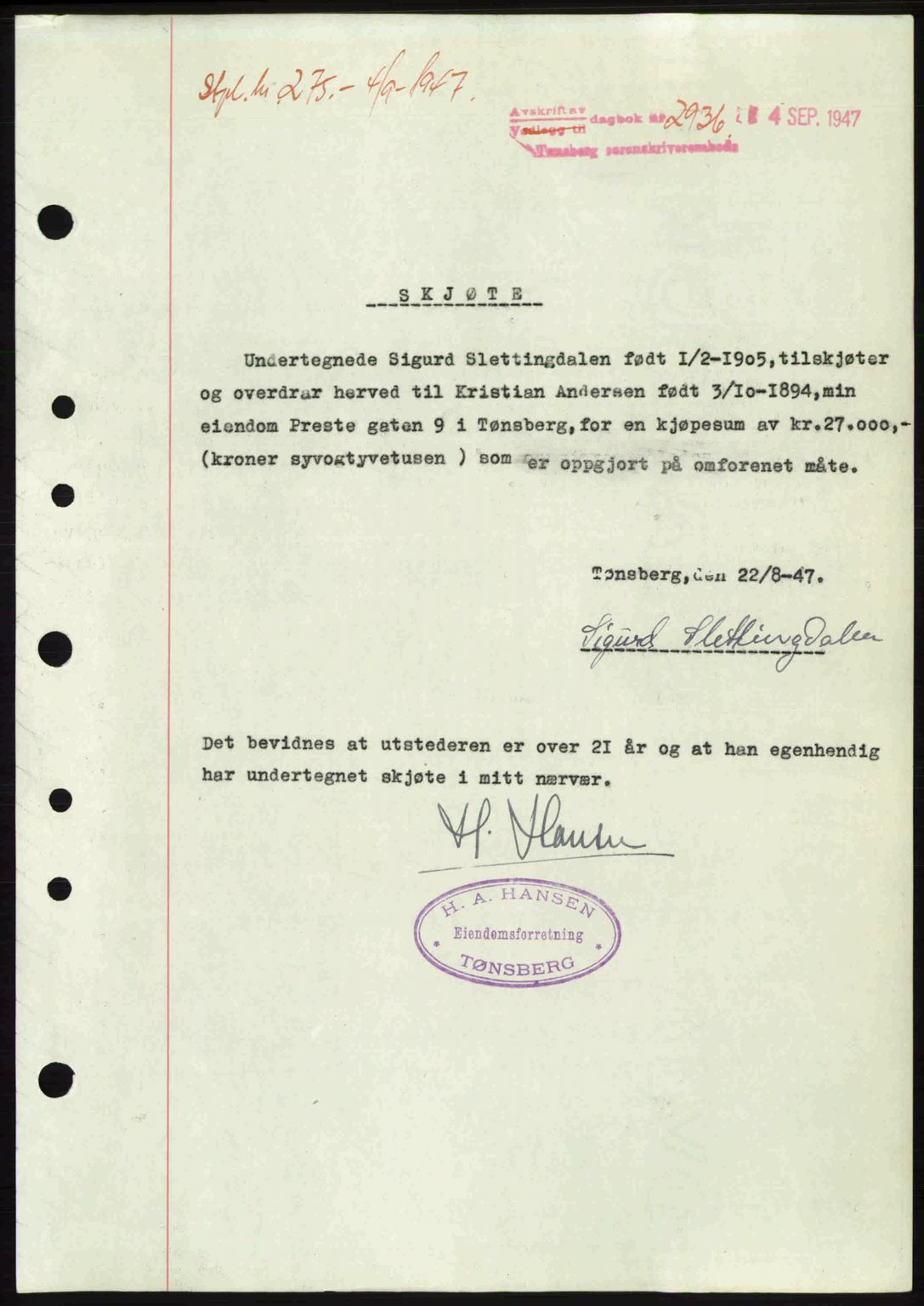 Tønsberg sorenskriveri, SAKO/A-130/G/Ga/Gaa/L0022: Pantebok nr. A22, 1947-1947, Dagboknr: 2936/1947