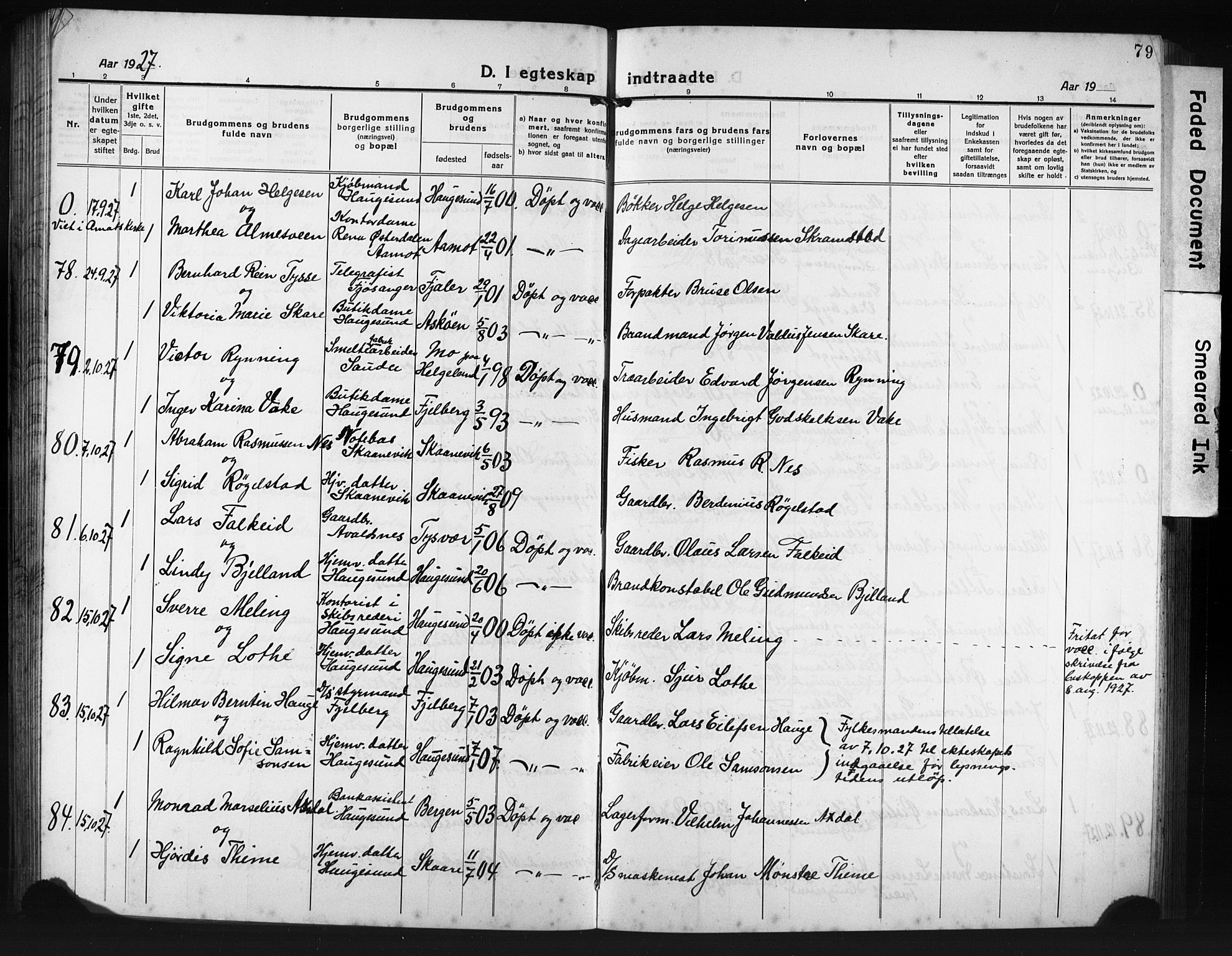 Haugesund sokneprestkontor, AV/SAST-A -101863/H/Ha/Hab/L0010: Klokkerbok nr. B 10, 1920-1931, s. 79