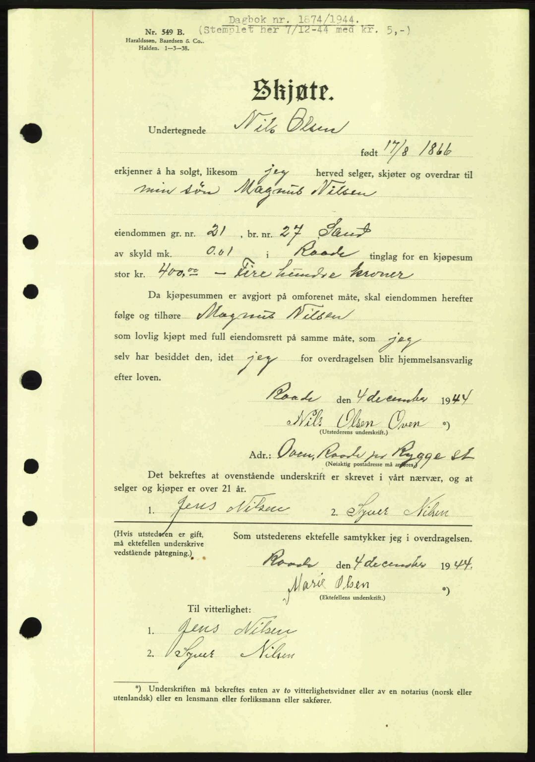Moss sorenskriveri, SAO/A-10168: Pantebok nr. A13, 1944-1945, Dagboknr: 1874/1944