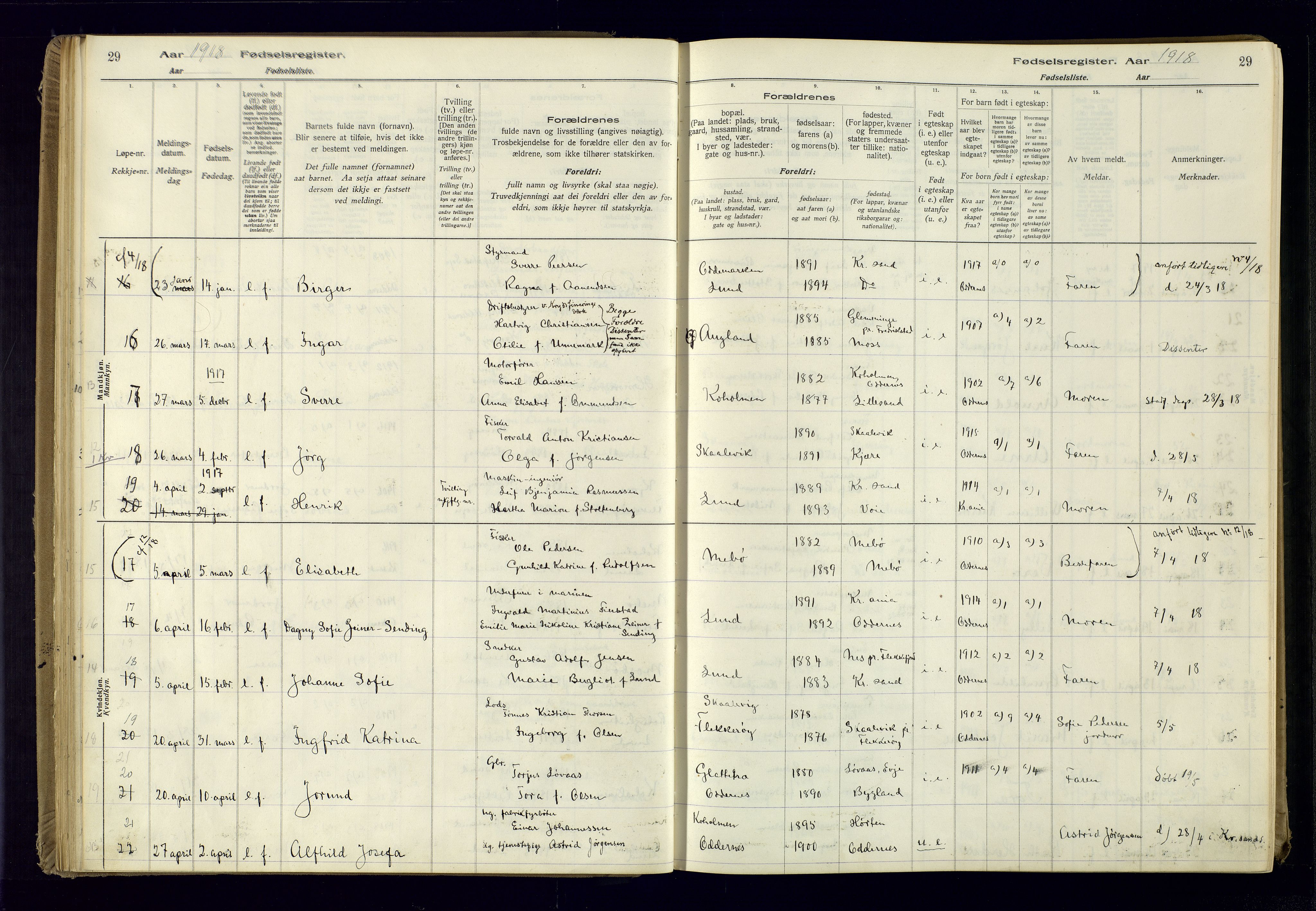 Oddernes sokneprestkontor, AV/SAK-1111-0033/J/Ja/L0001: Fødselsregister nr. 1, 1916-1935, s. 29