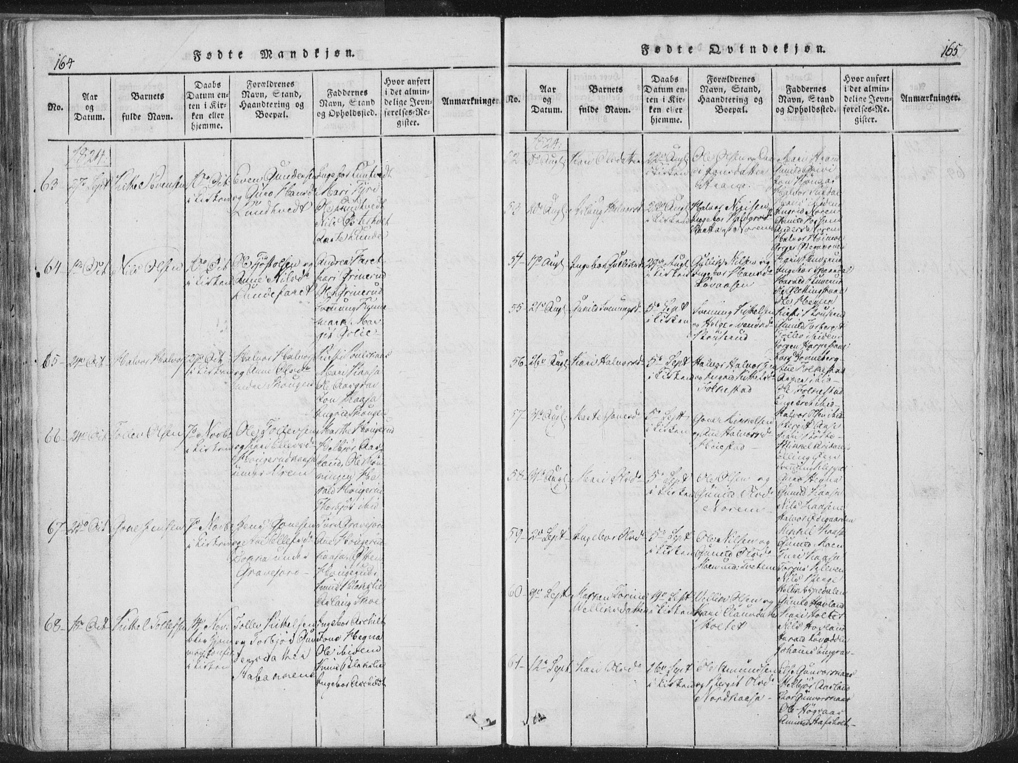 Bø kirkebøker, AV/SAKO-A-257/F/Fa/L0006: Ministerialbok nr. 6, 1815-1831, s. 164-165