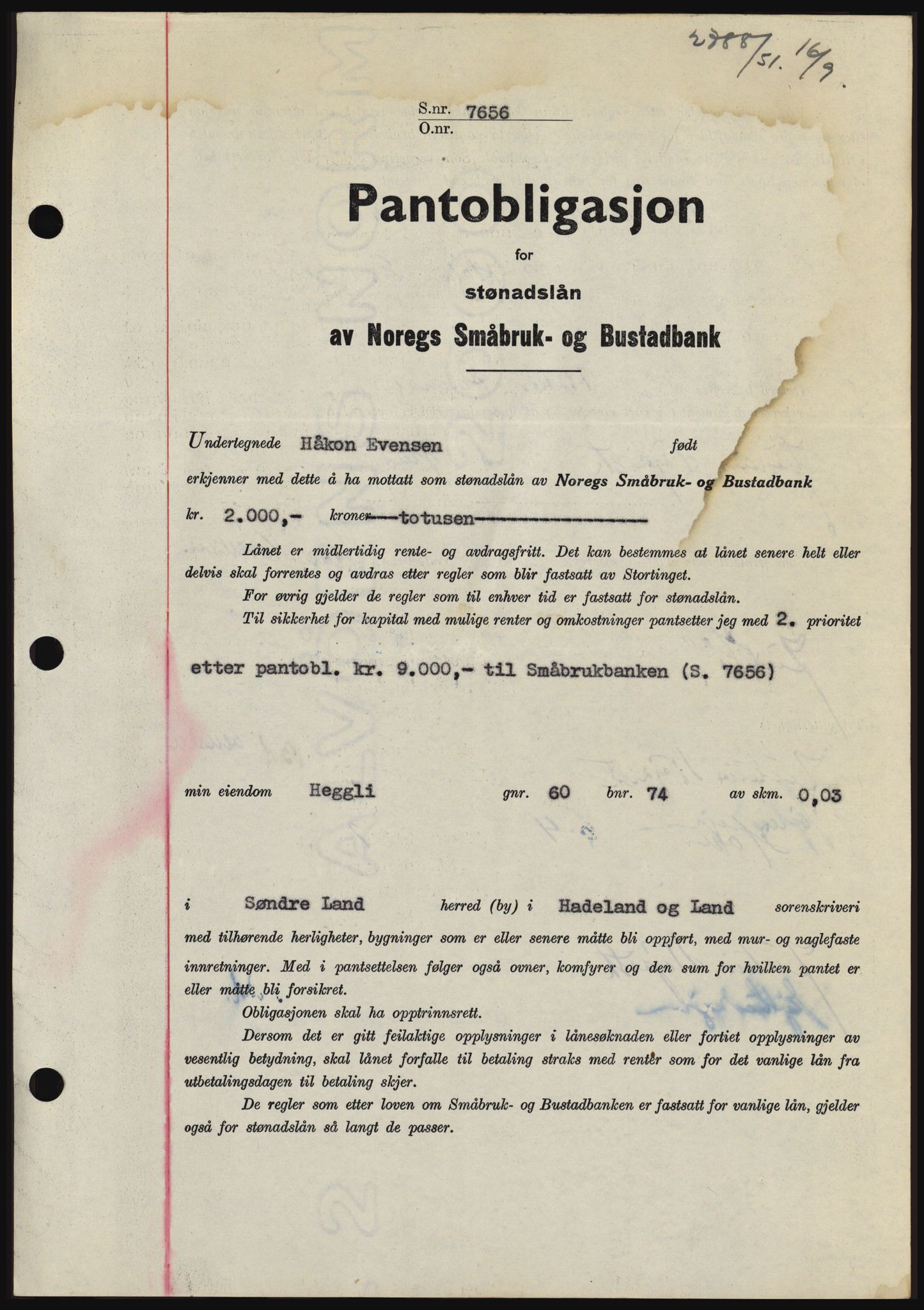 Hadeland og Land tingrett, SAH/TING-010/H/Hb/Hbc/L0022: Pantebok nr. B22, 1951-1951, Dagboknr: 2788/1951