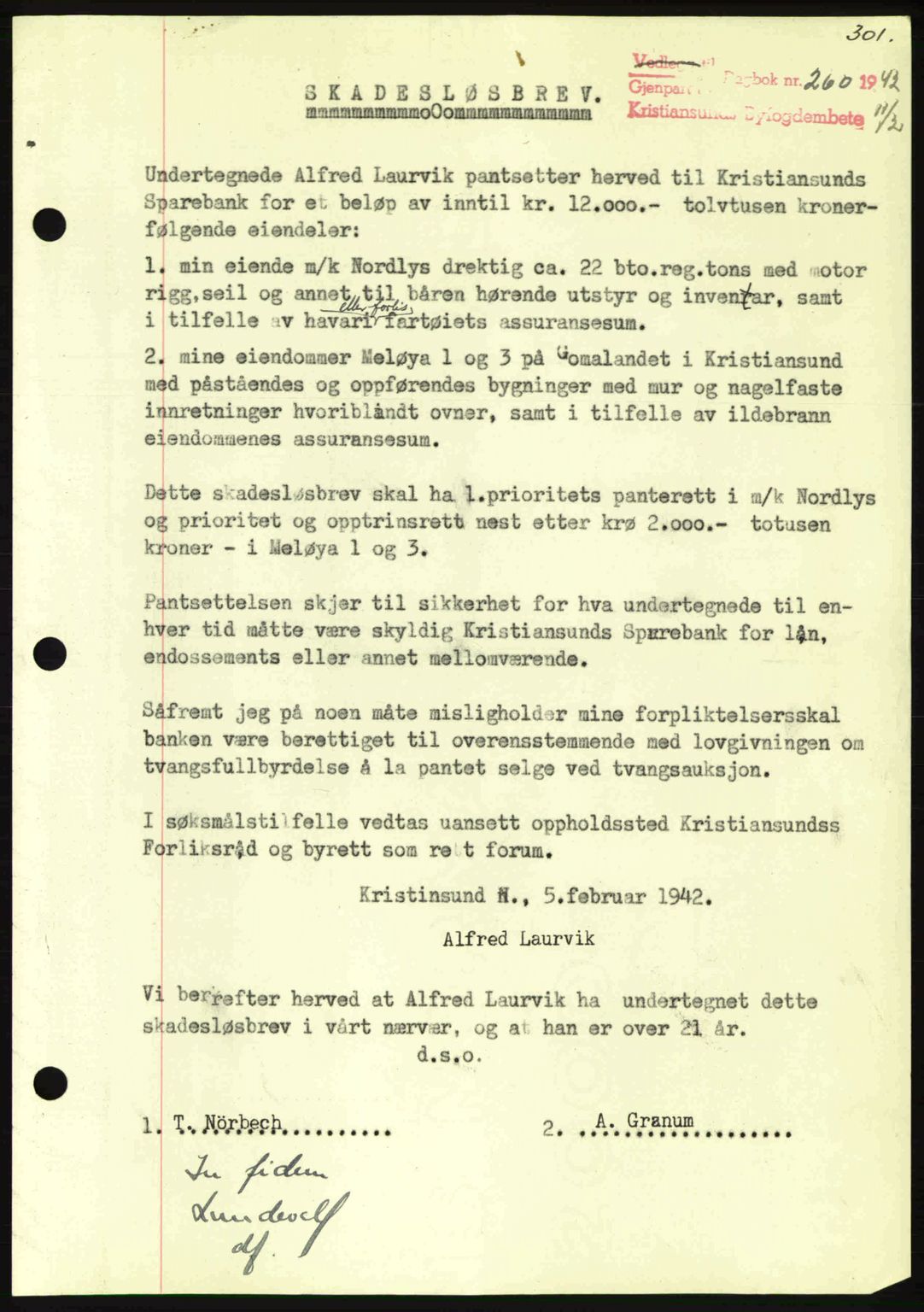 Kristiansund byfogd, AV/SAT-A-4587/A/27: Pantebok nr. 35, 1941-1942, Dagboknr: 260/1942