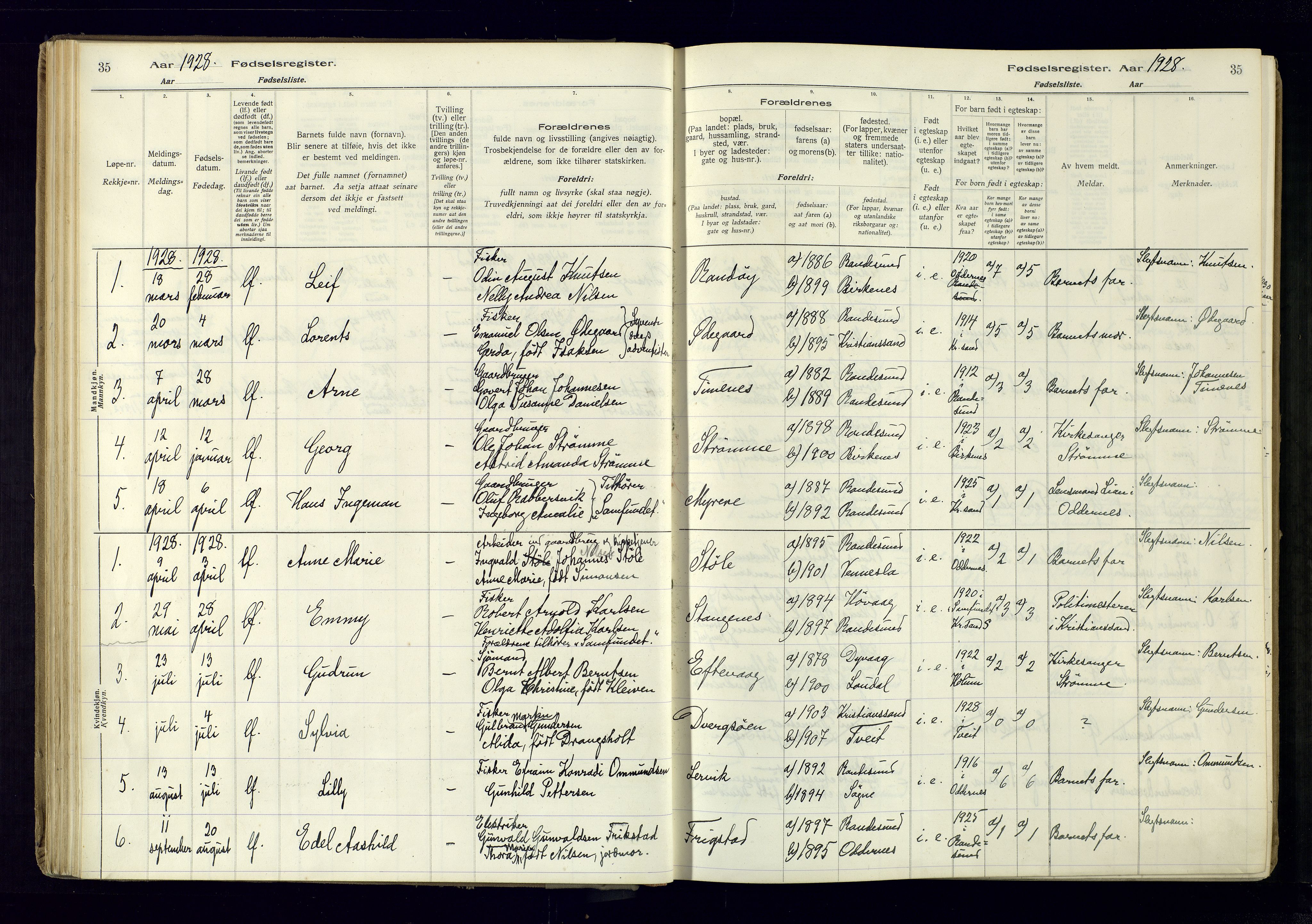 Oddernes sokneprestkontor, SAK/1111-0033/J/Ja/L0007: Fødselsregister nr. 7, 1916-1971, s. 35