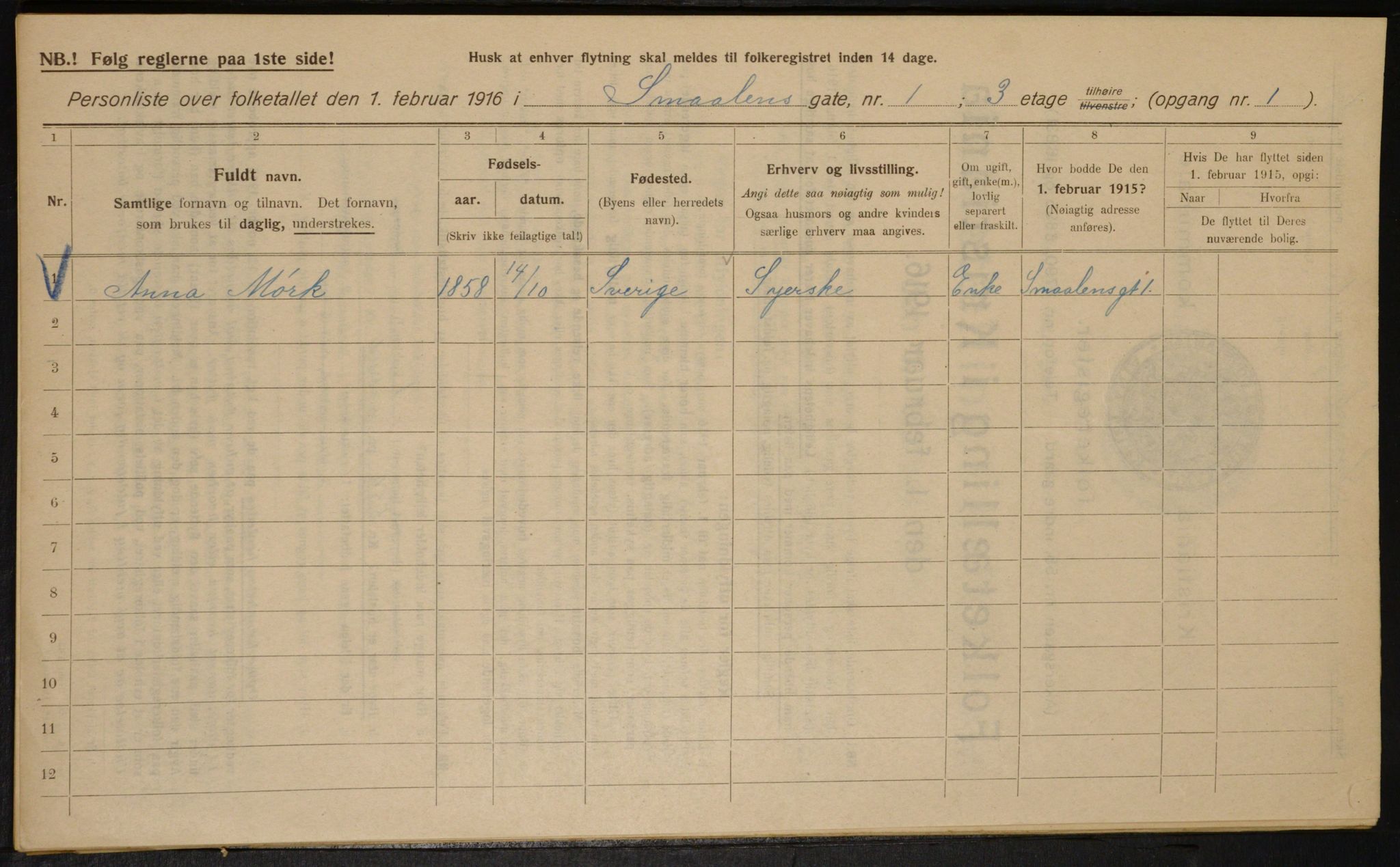 OBA, Kommunal folketelling 1.2.1916 for Kristiania, 1916, s. 100174