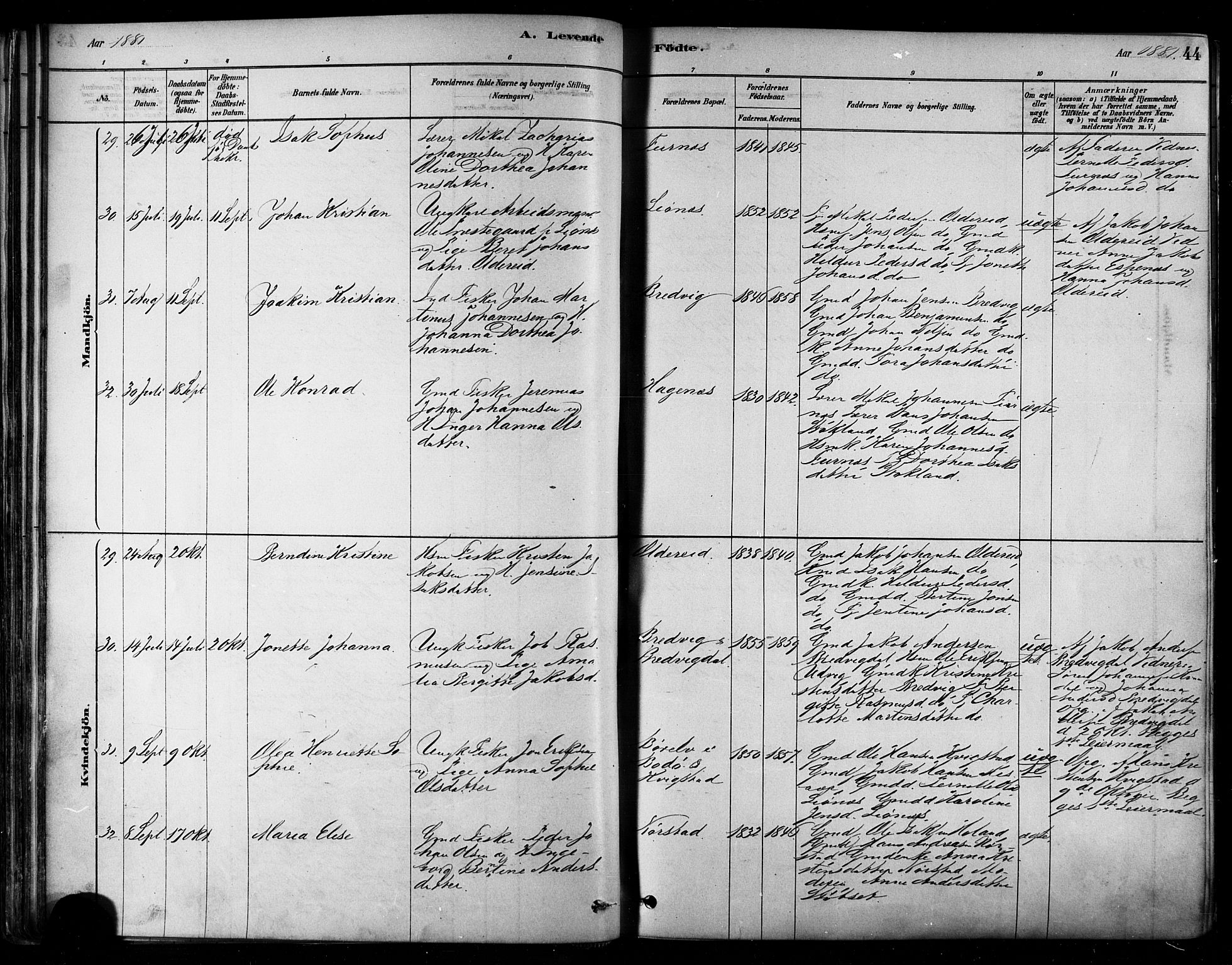 Ministerialprotokoller, klokkerbøker og fødselsregistre - Nordland, SAT/A-1459/852/L0740: Ministerialbok nr. 852A10, 1878-1894, s. 44