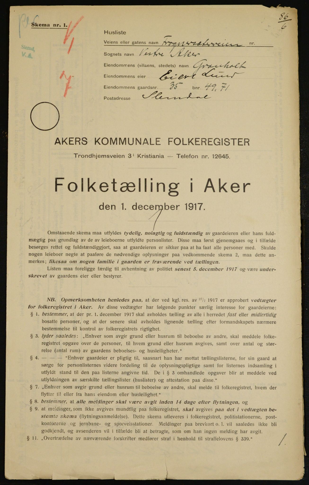 OBA, Kommunal folketelling 1.12.1917 for Aker, 1917, s. 7307