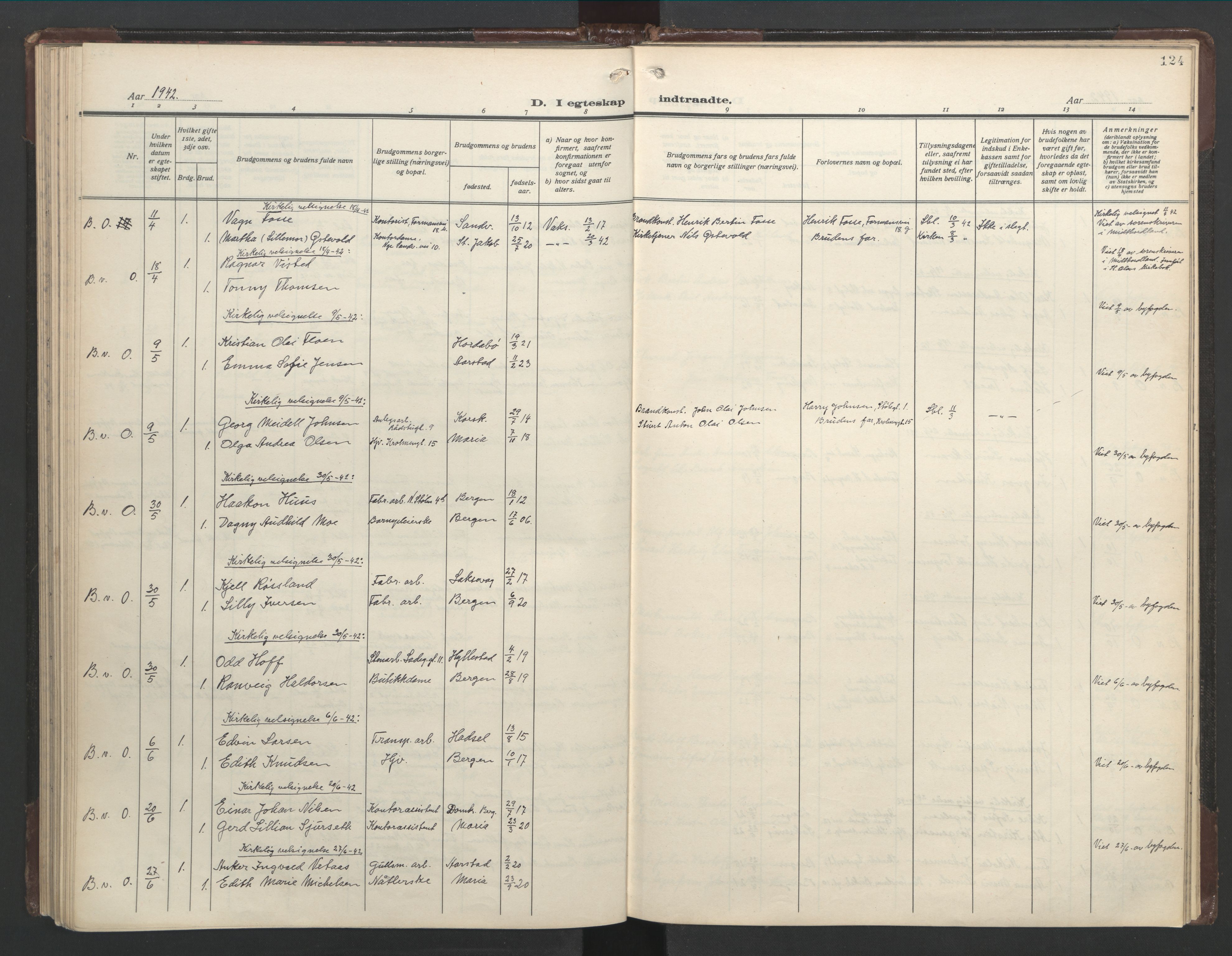 Mariakirken Sokneprestembete, SAB/A-76901/H/Hab/L0011: Klokkerbok nr. A 11, 1938-1955, s. 123b-124a